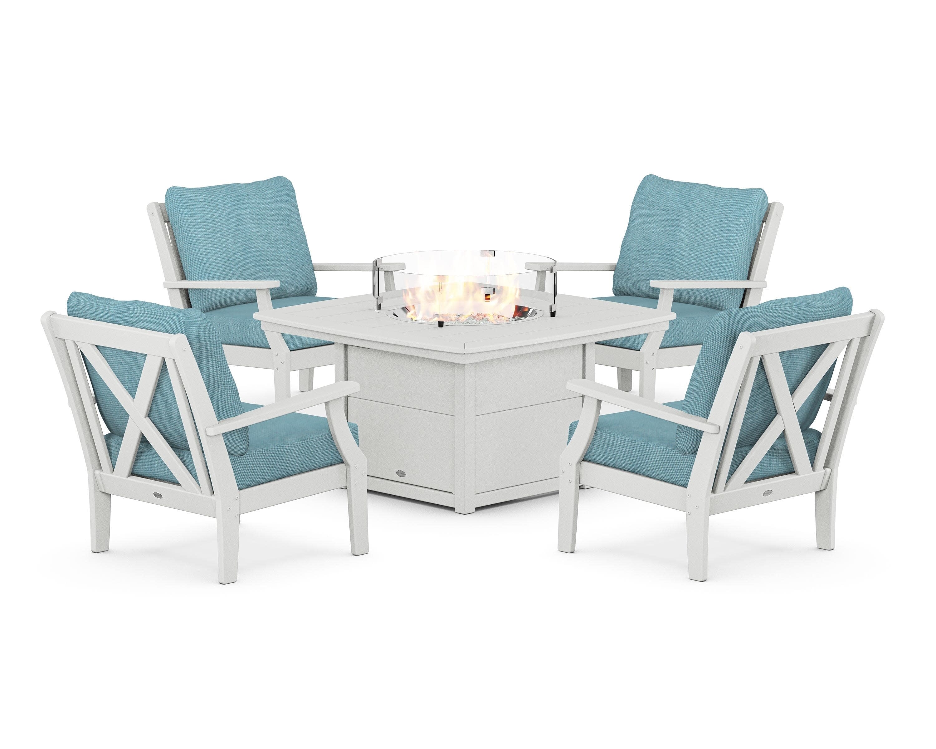 Braxton 5-Piece Deep Seating Conversation Set with Fire Pit Table in White / Lattice Sky Blue