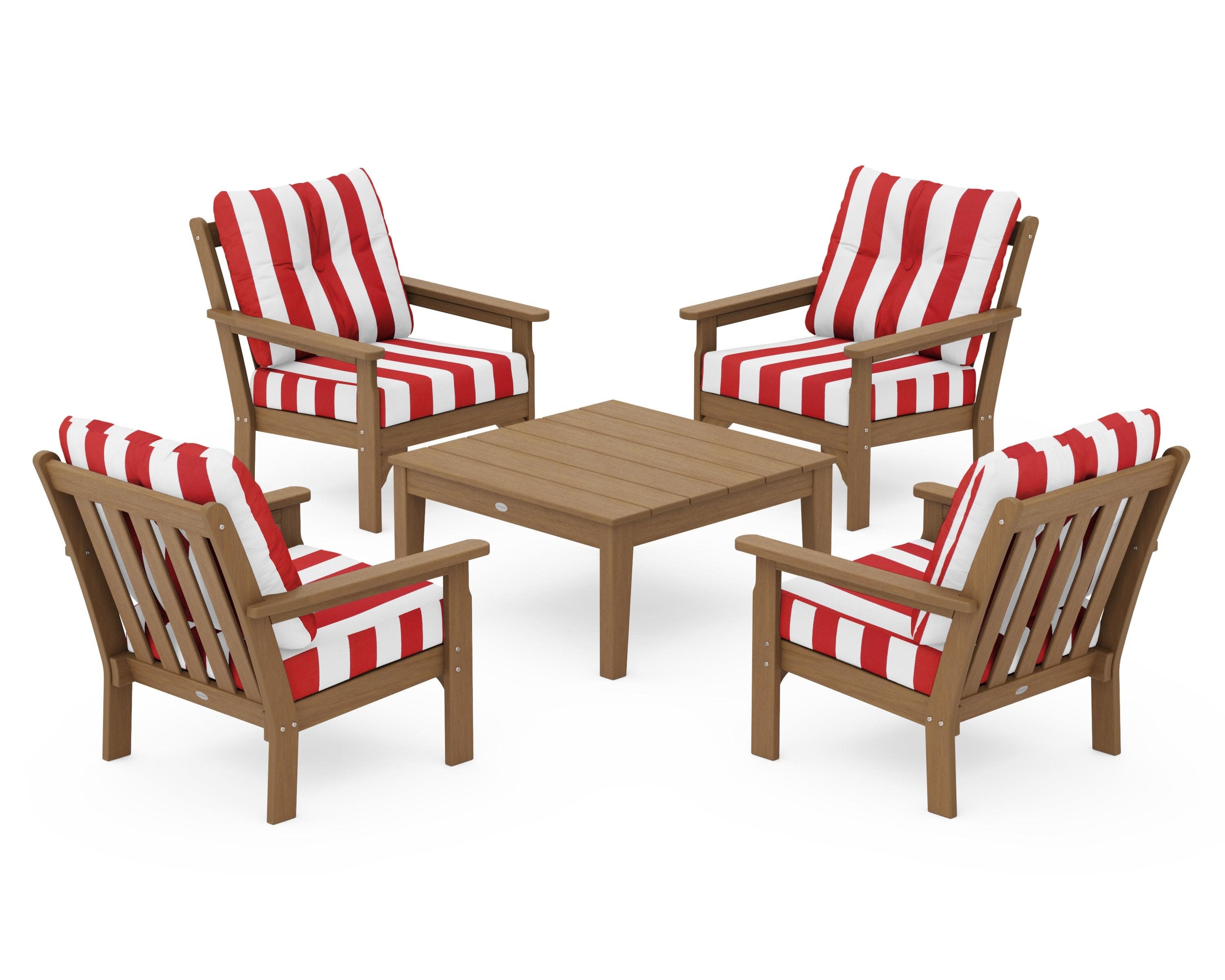 Vineyard 5-Piece Deep Seating Conversation Set in Natural / Cabana Stripe Crimson