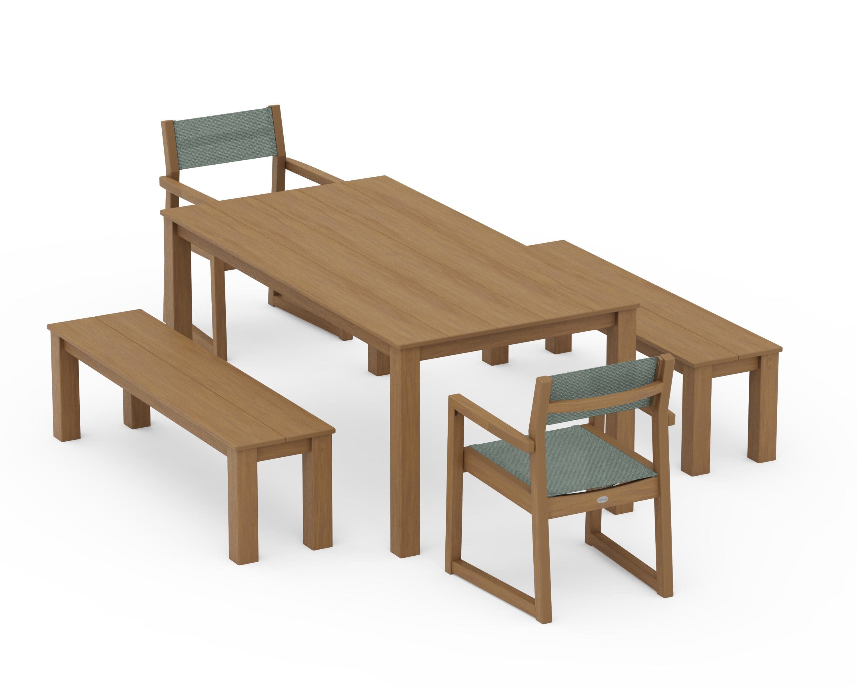 EDGE Sling Arm Chair 5-Piece Parsons Dining Set with Benches in Natural / Dupioni Sea Mist Sling
