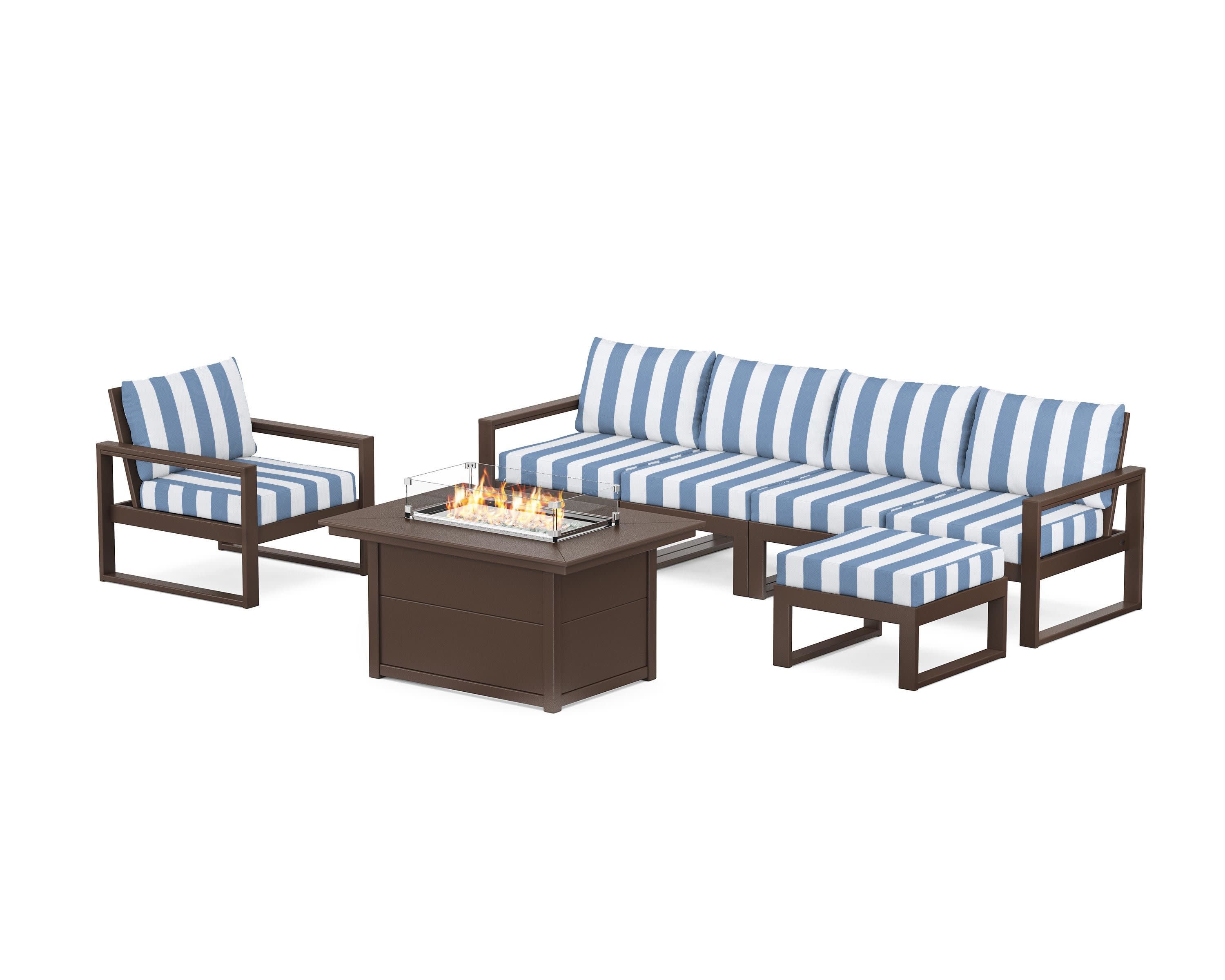 EDGE Sectional Lounge and Fire Pit Set in Mahogany / Cabana Stripe Sky Blue