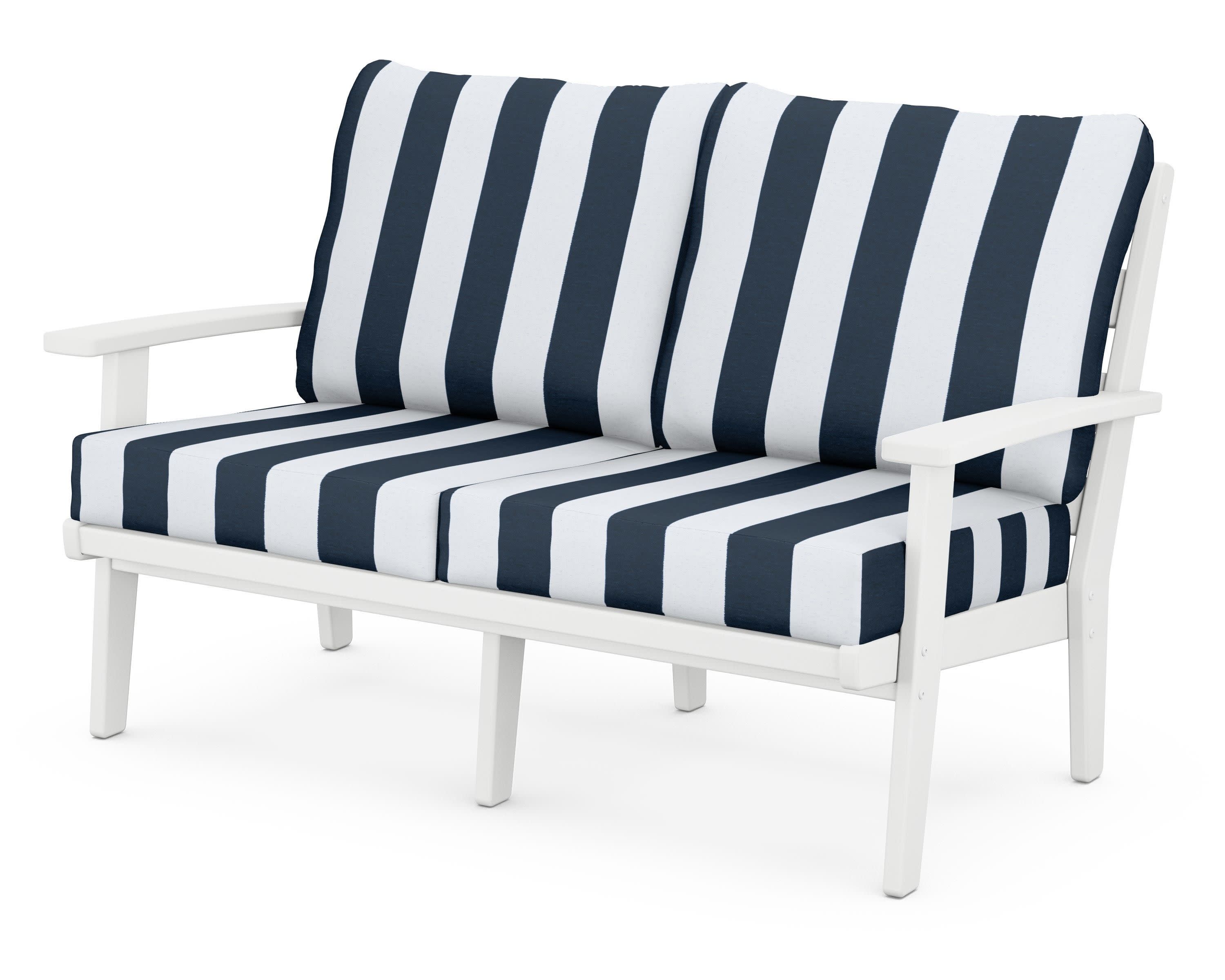 Grant Park Deep Seating Loveseat in White / Cabana Stripe Marine Indigo
