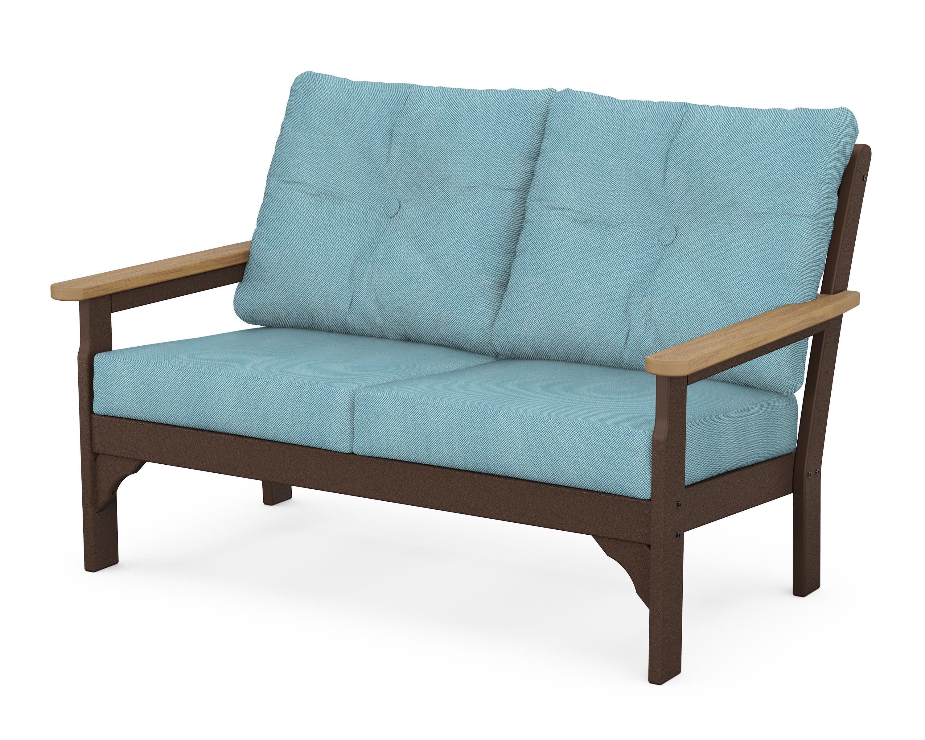 Vineyard Deep Seating Loveseat in Mahogany / Natural / Lattice Sky Blue