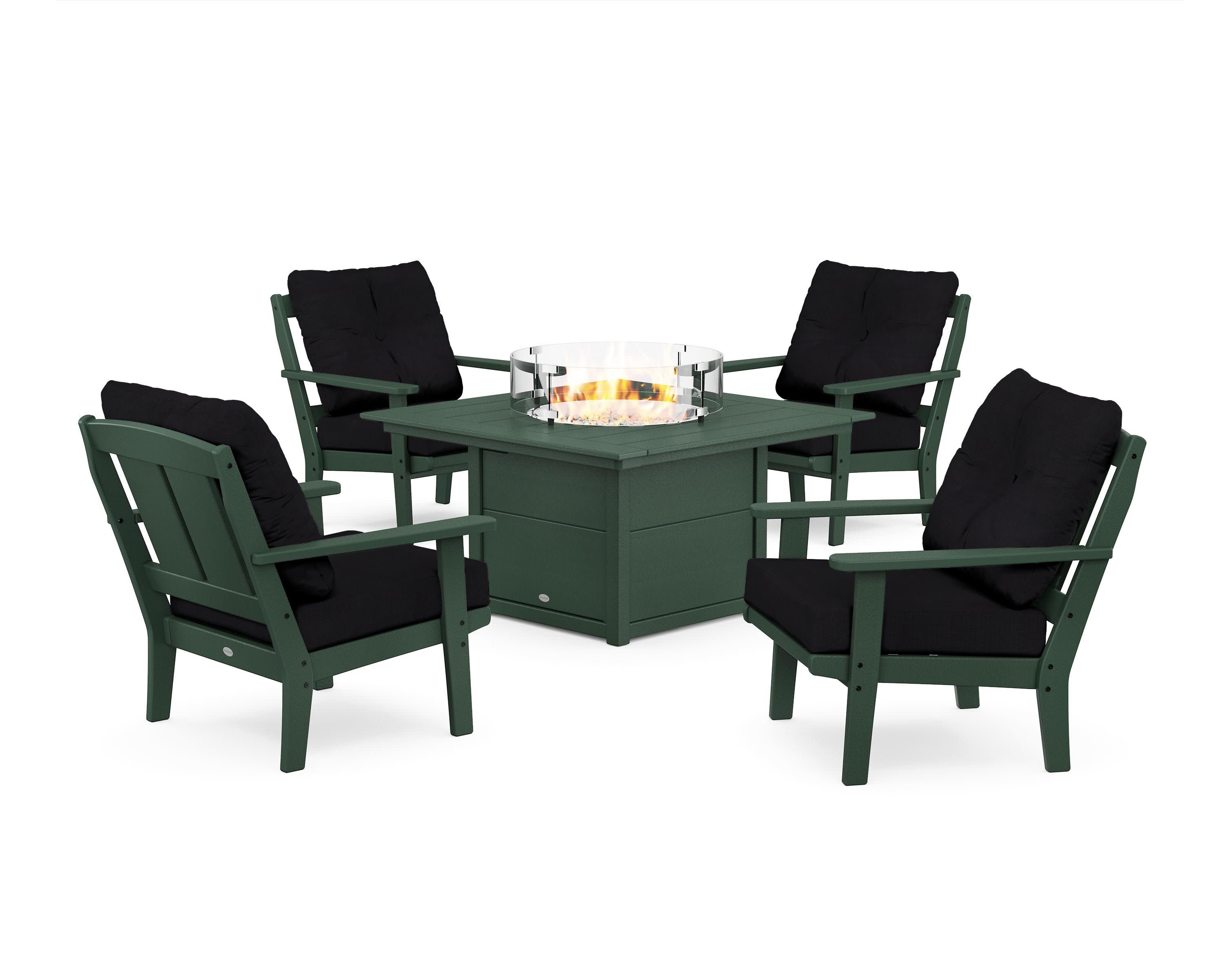 Mission 5-Piece Deep Seating Set with Fire Pit Table in Green / Midnight Linen