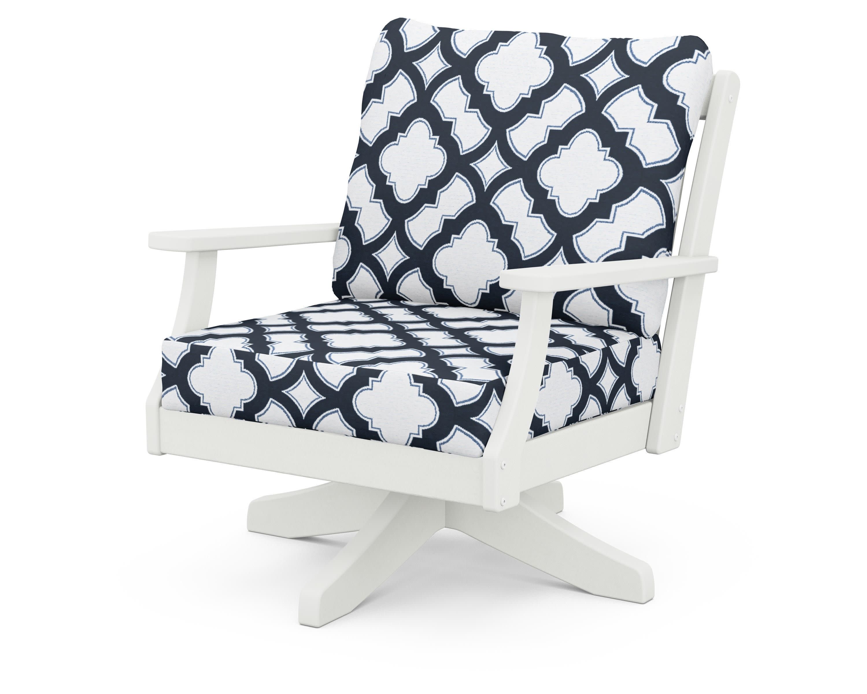 Braxton Deep Seating Swivel Chair in Vintage White / Trellis Marine Indigo
