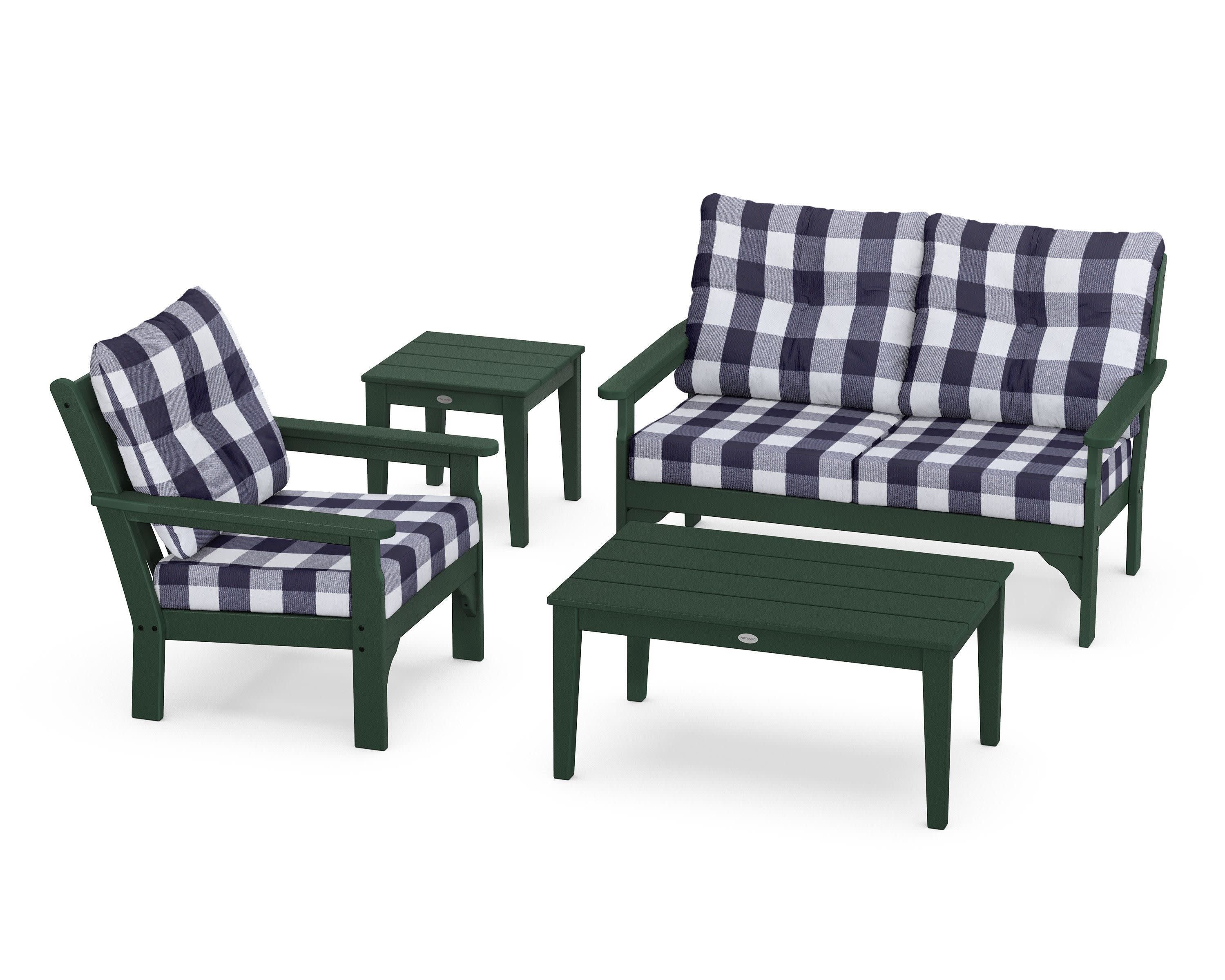 Vineyard 4-Piece Deep Seating Set in Green / Buffalo Plaid Navy
