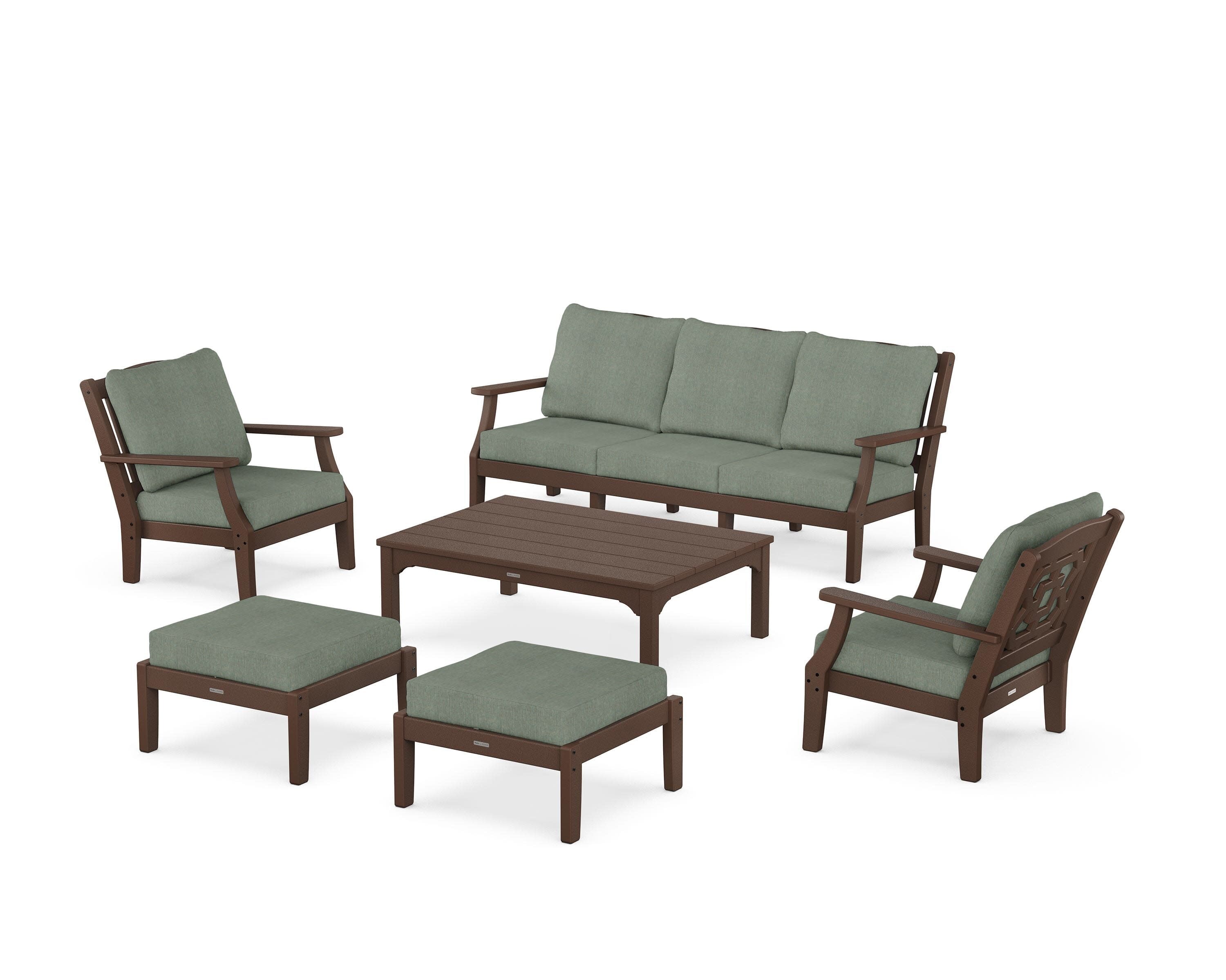 Chinoiserie 6-Piece Lounge Sofa Set in Mahogany / Cast Sage