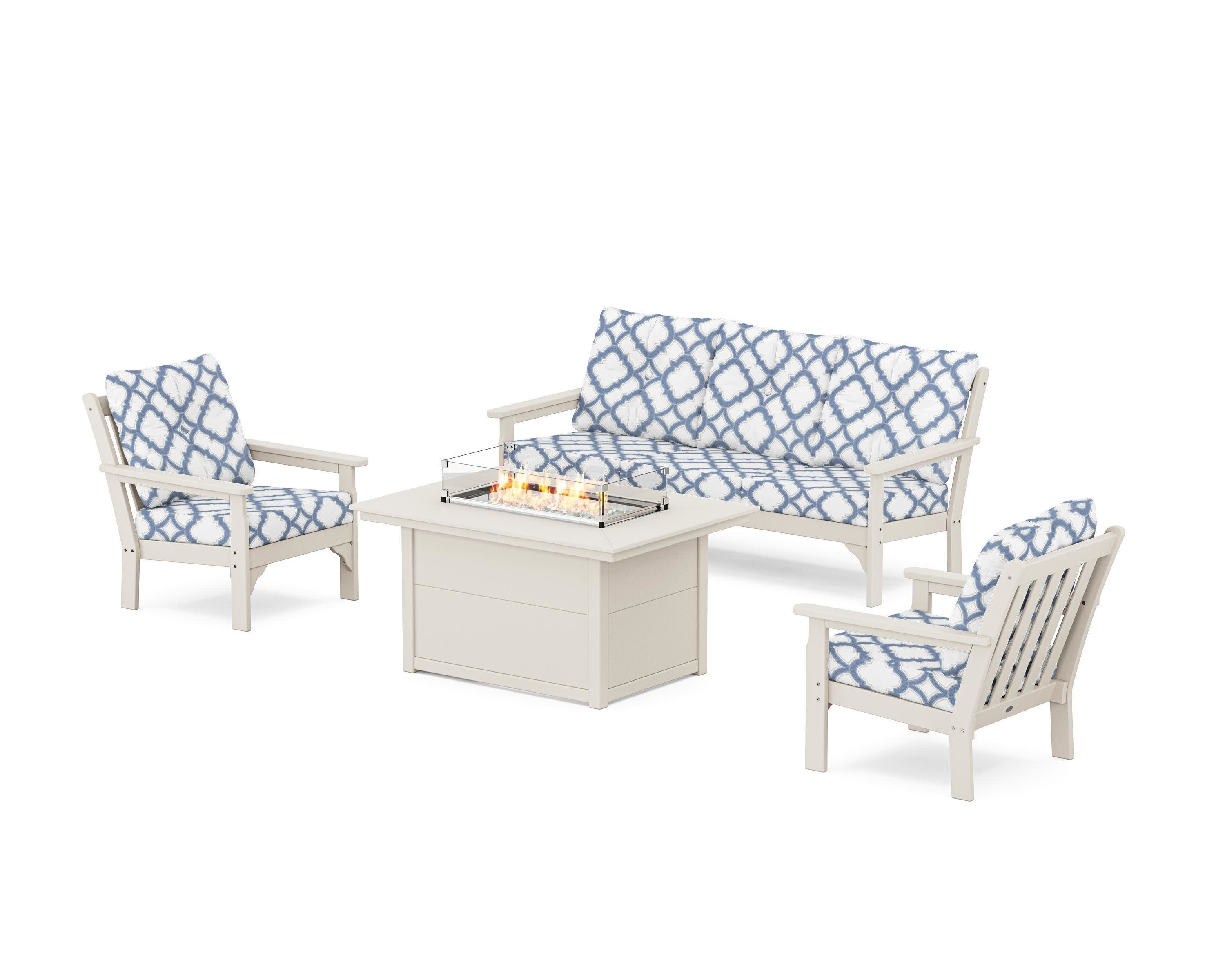 Vineyard Deep Seating Fire Pit Table Set in Sand / Trellis Sky Blue