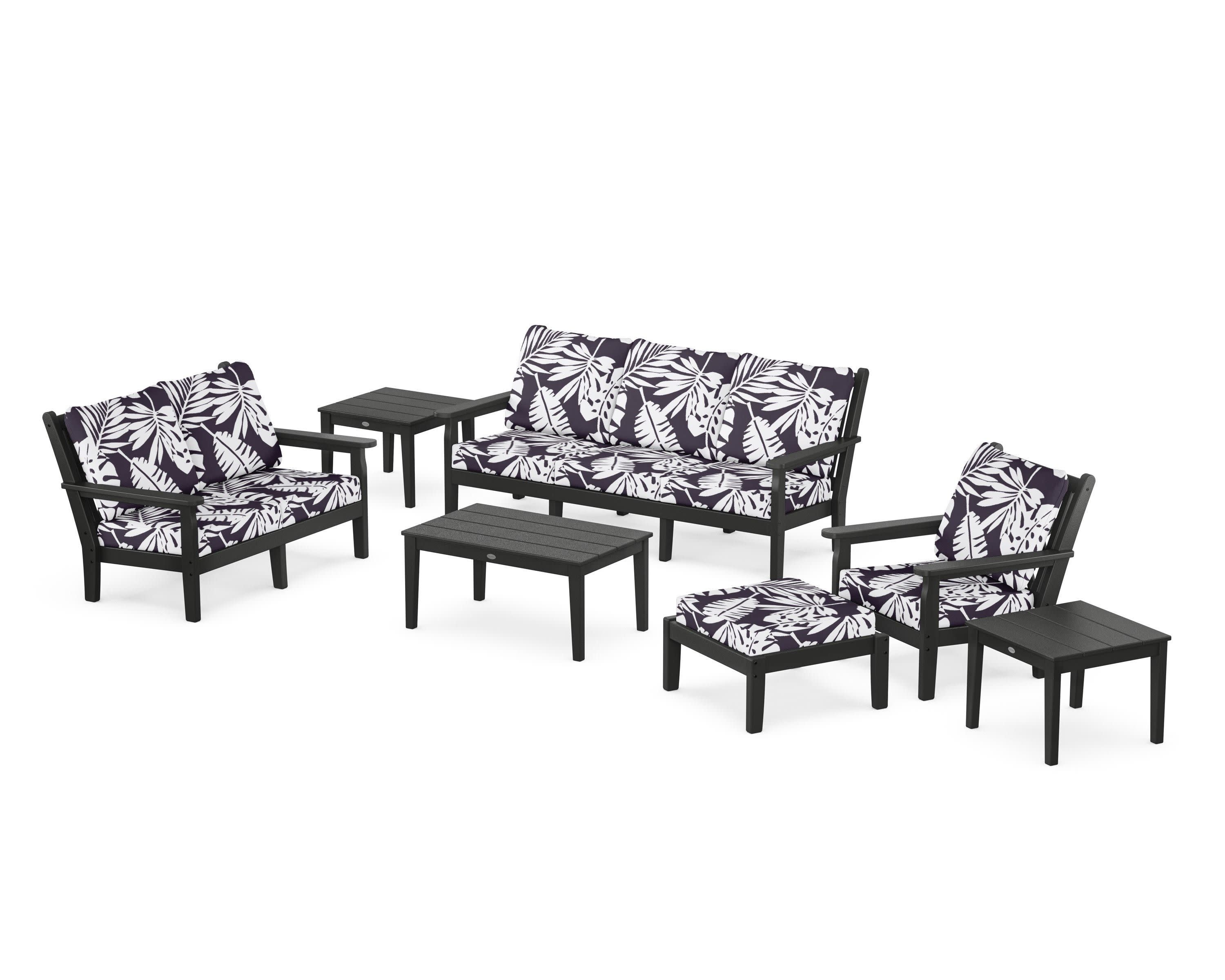 Chippendale 7-Piece Deep Seating Set in Black / Leaf Navy