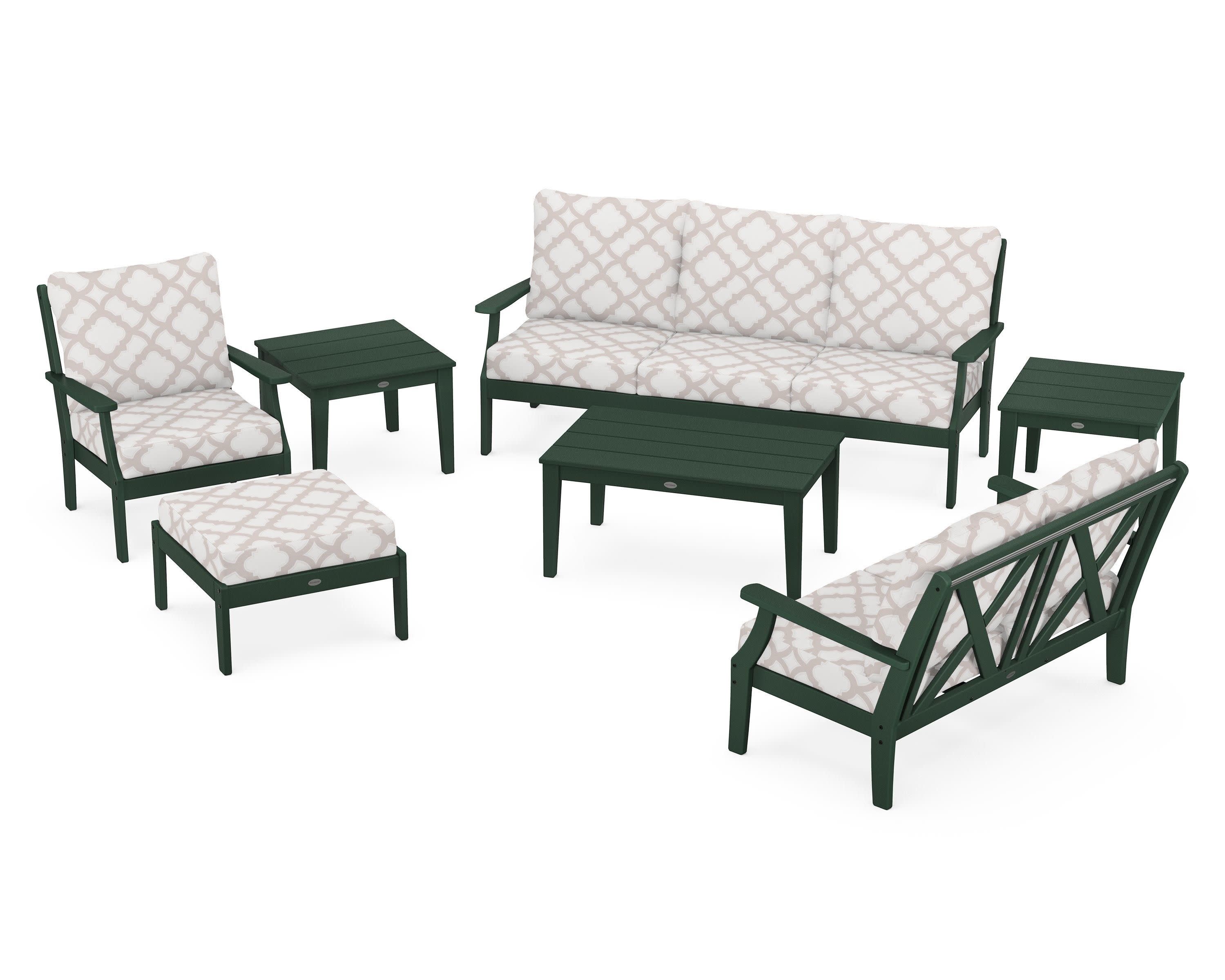 Braxton 7-Piece Deep Seating Set in Green / Trellis Dune Burlap