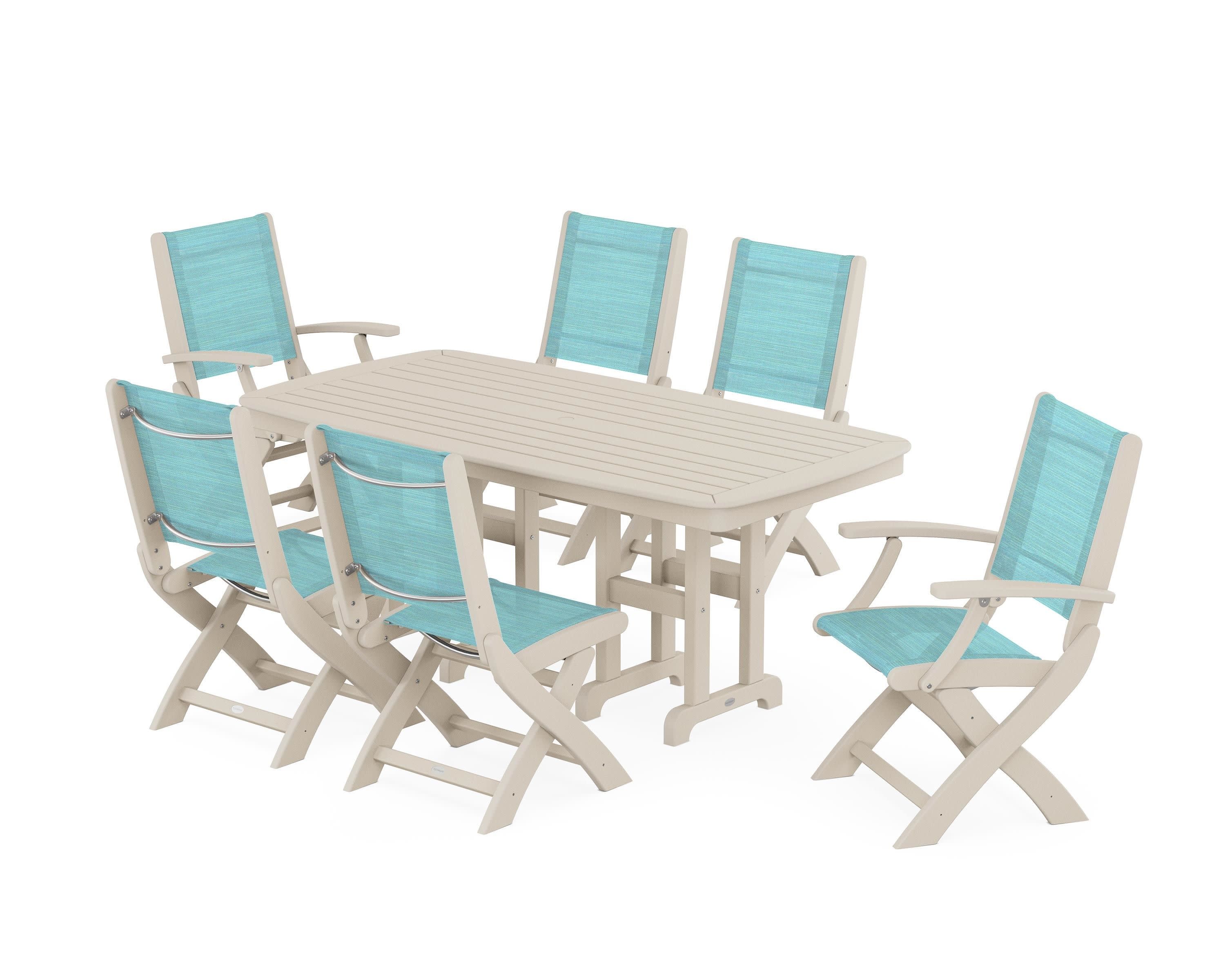 Coastal Folding Chair 7-Piece Dining Set in Sand / Dupioni Aquamarine Sling