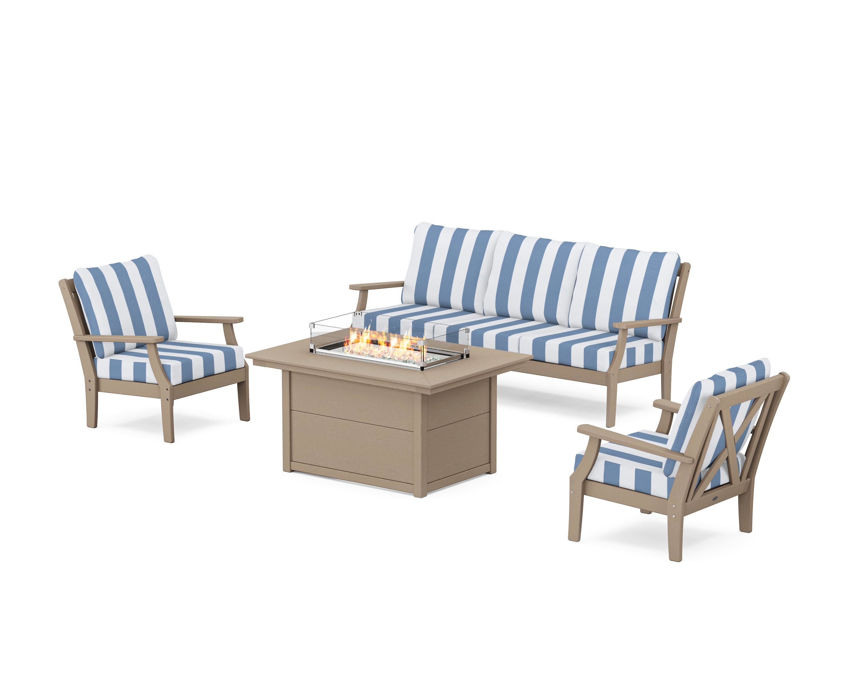 Braxton Deep Seating Fire Pit Table Set in Vintage Sahara / Cabana Stripe Sky Blue