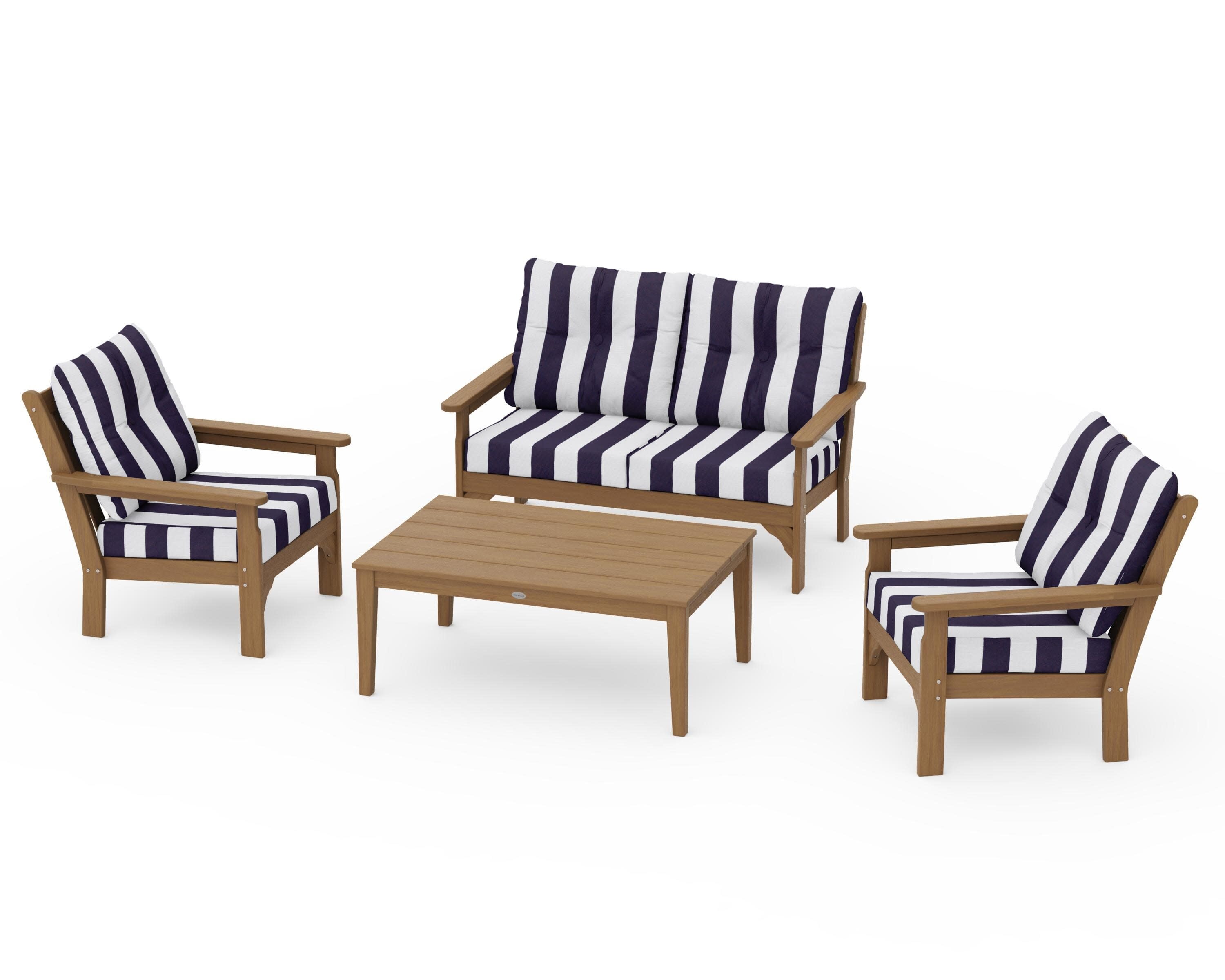 Vineyard 4-Piece Deep Seating Set in Natural / Cabana Stripe Navy