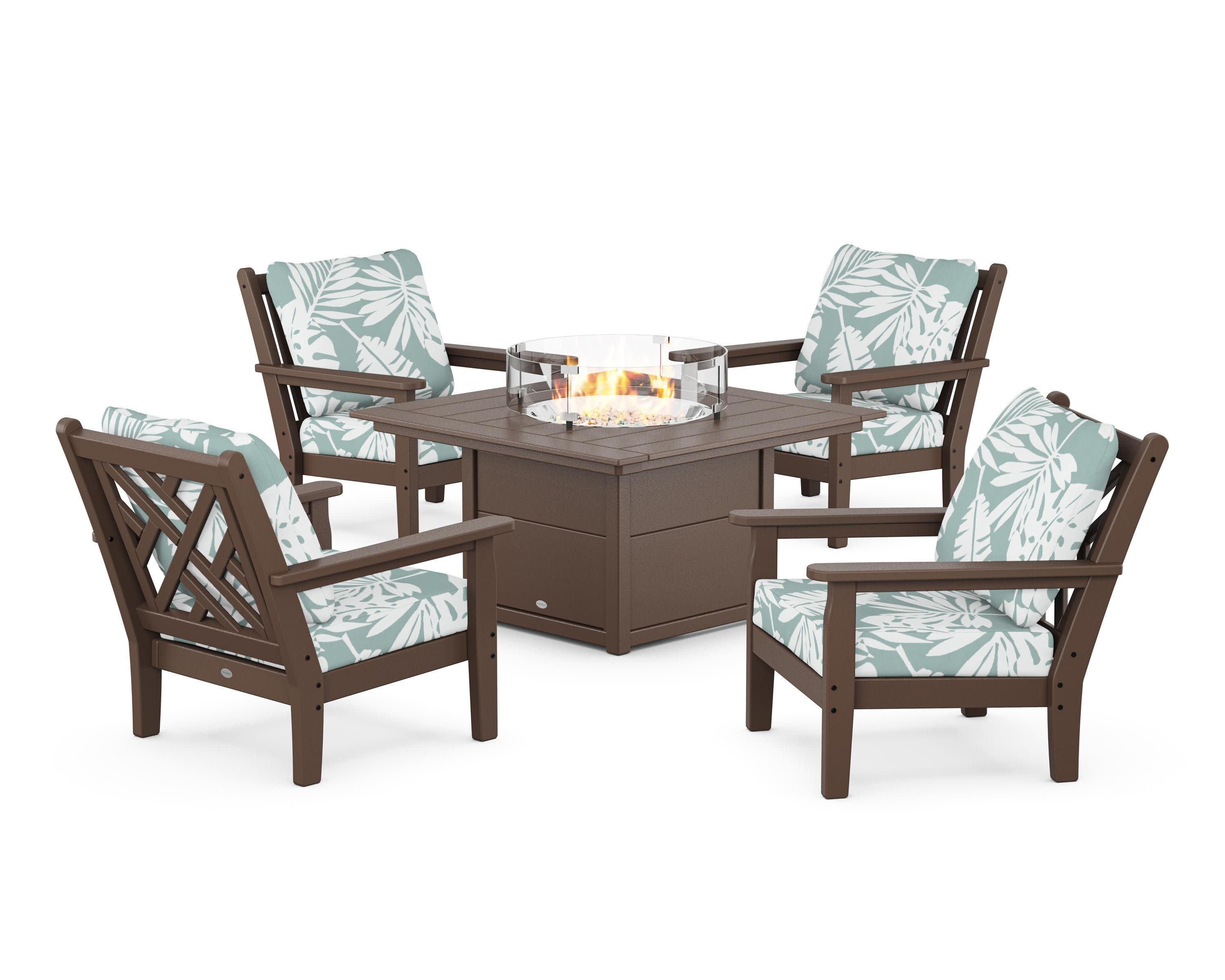 Chippendale 5-Piece Deep Seating Set with Fire Pit Table in Mahogany / Leaf Glacier Spa