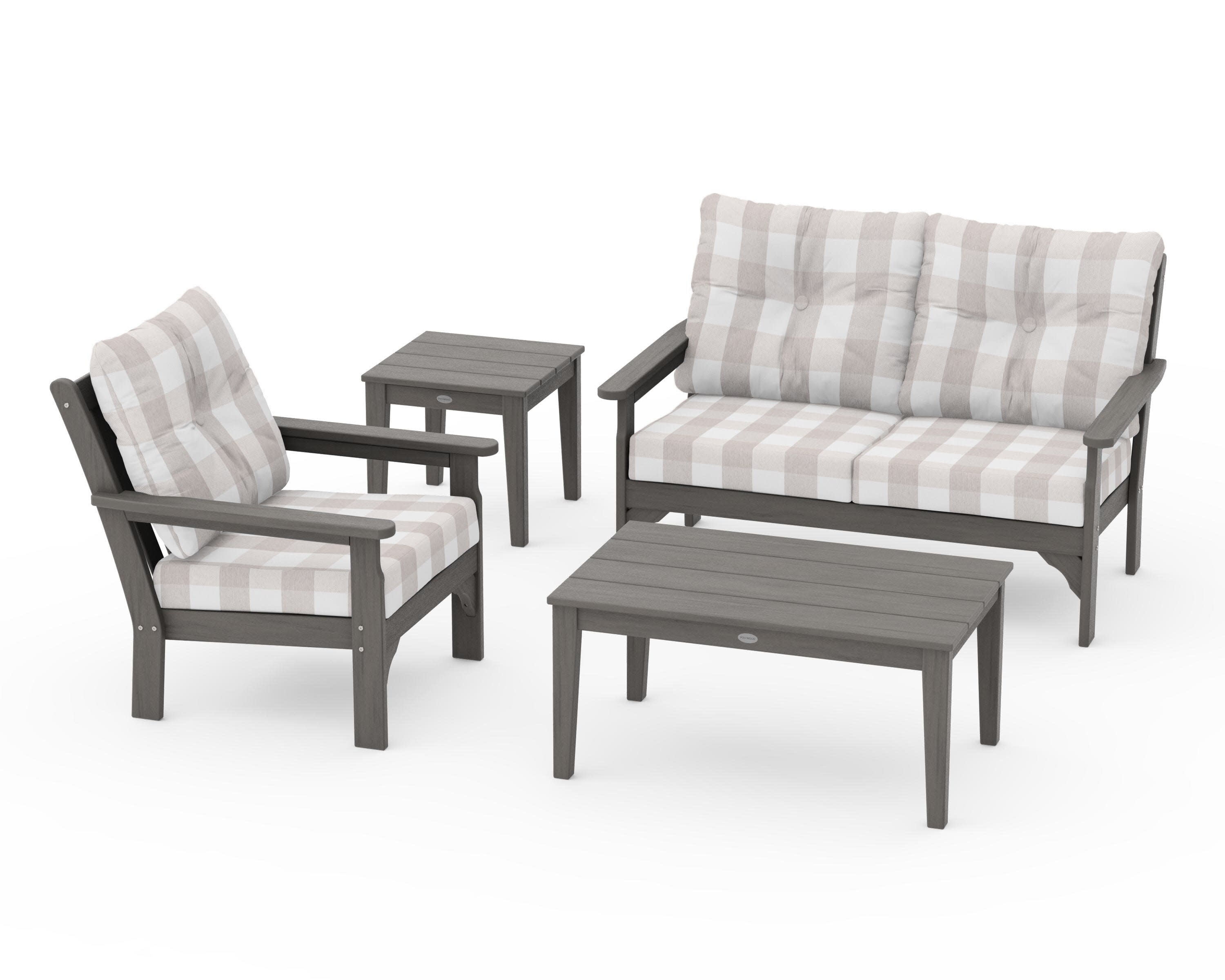 Vineyard 4-Piece Deep Seating Set in Driftwood / Buffalo Plaid Dune Burlap
