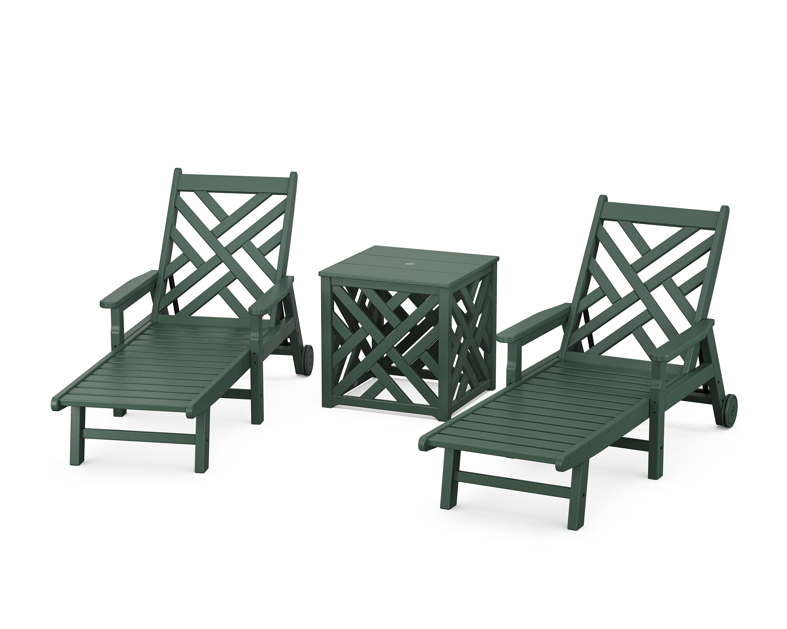 Chippendale 3-Piece Chaise Set with Umbrella Stand Accent Table in Green