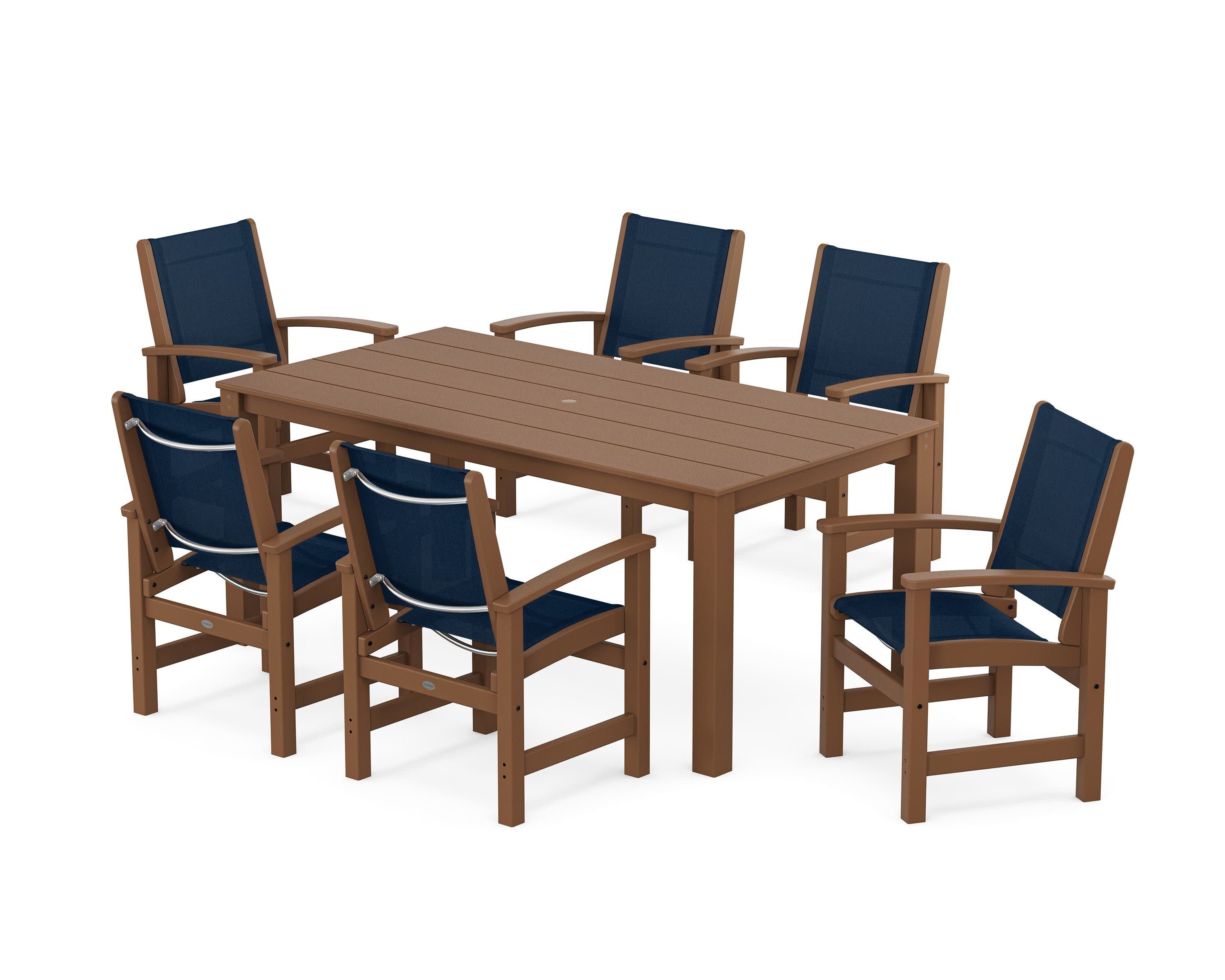 Coastal 7-Piece Parsons Dining Set in Teak / Navy Blue Sling