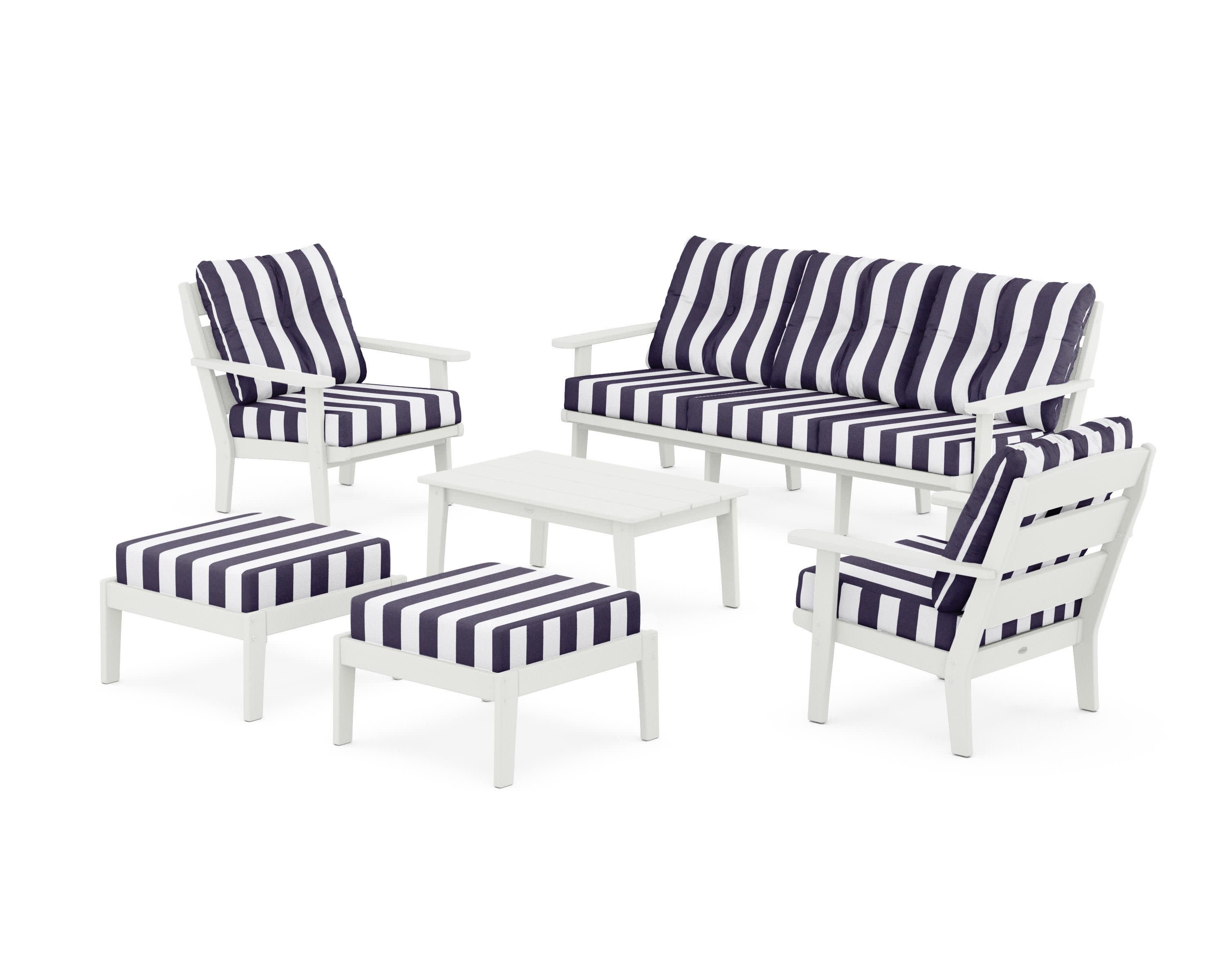 Lakeside 6-Piece Lounge Sofa Set in Vintage White / Cabana Stripe Navy