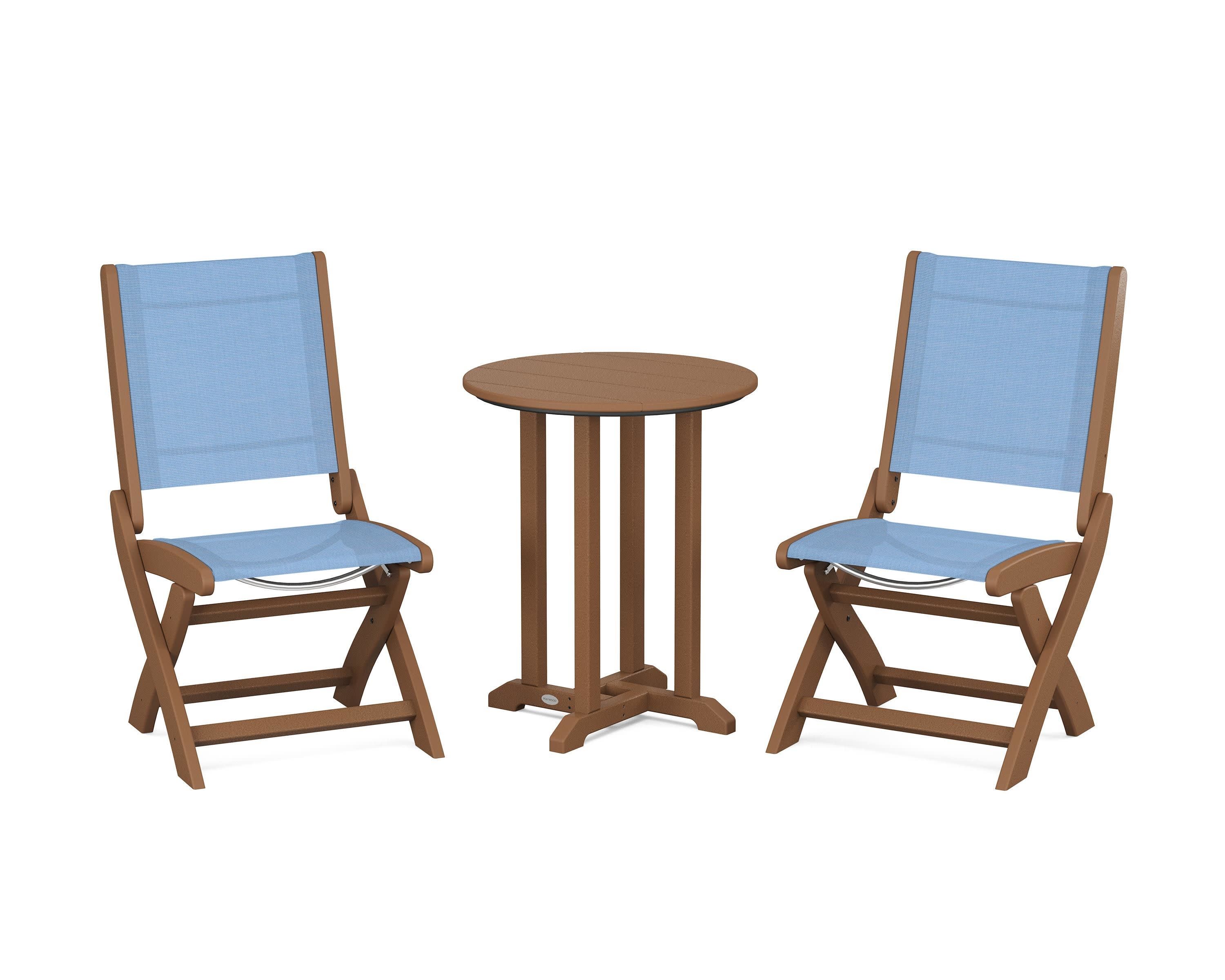 Coastal Folding Side Chair 3-Piece Round Bistro Dining Set in Teak / Poolside Sling