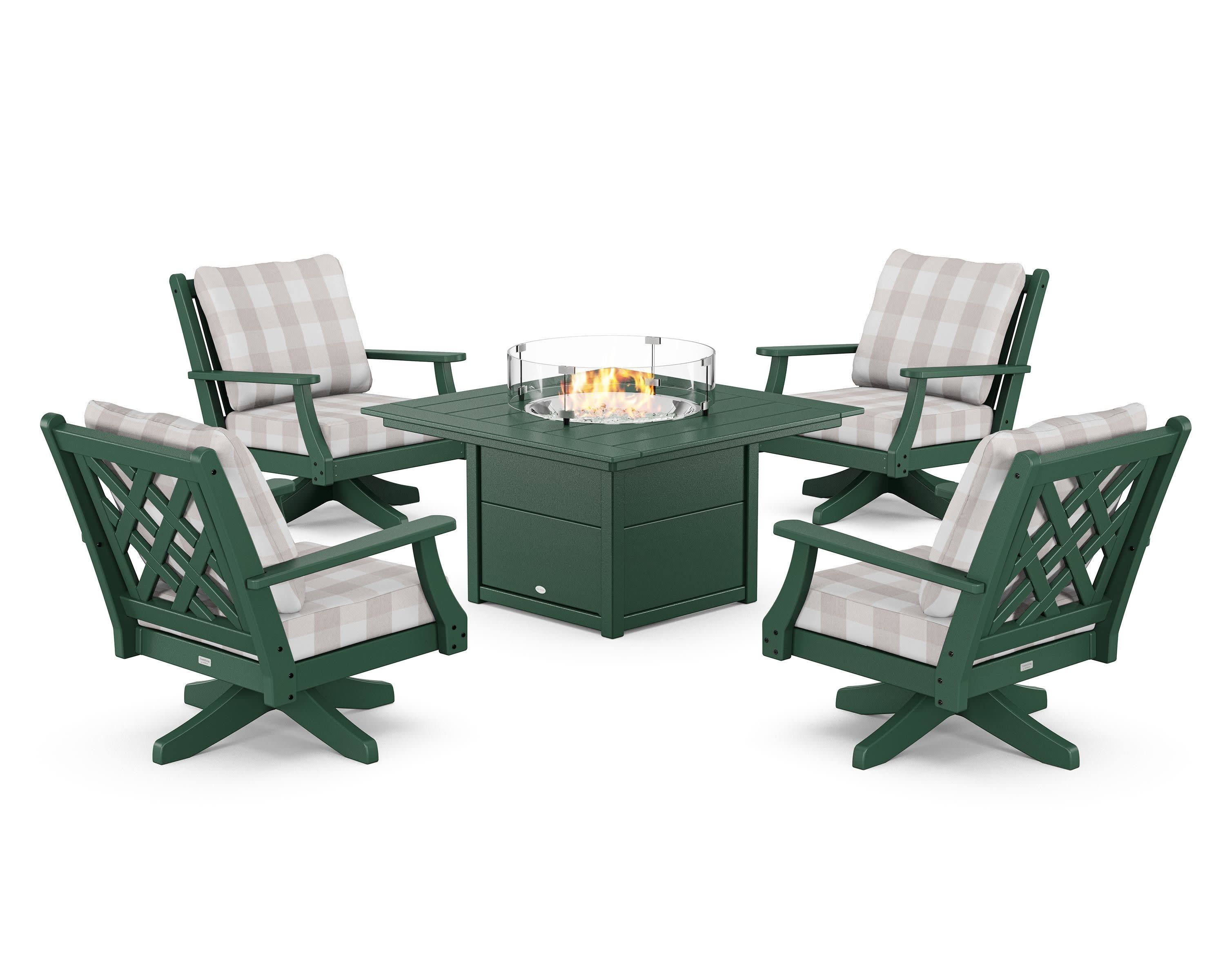 Wovendale 5-Piece Deep Seating Swivel Conversation Set with Fire Pit Table in Green / Buffalo Plaid Dune Burlap
