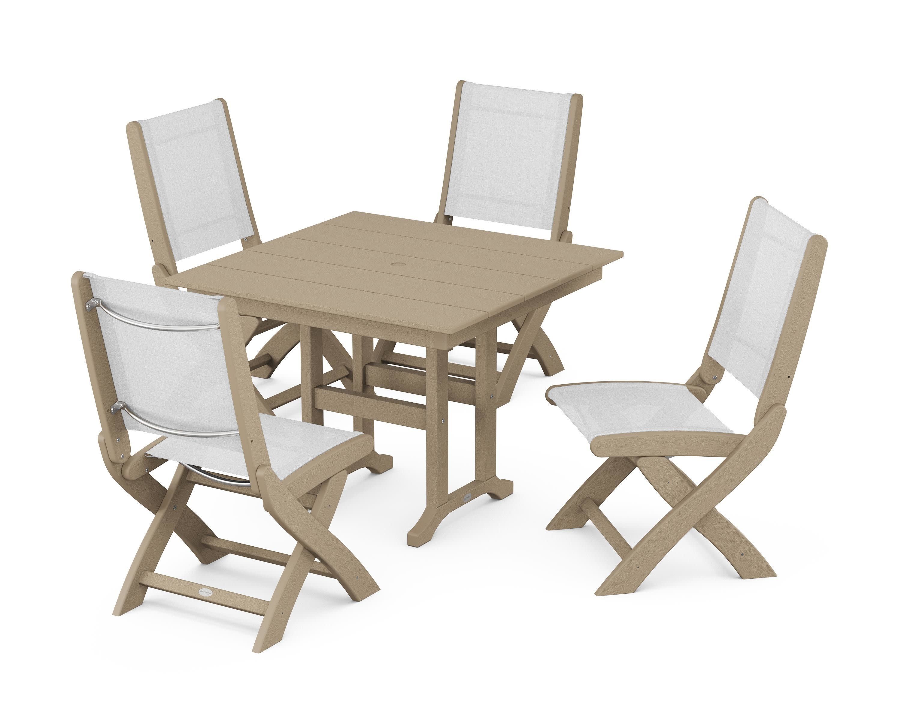 Coastal Folding Side Chair 5-Piece Farmhouse Dining Set in Vintage Sahara / White Sling