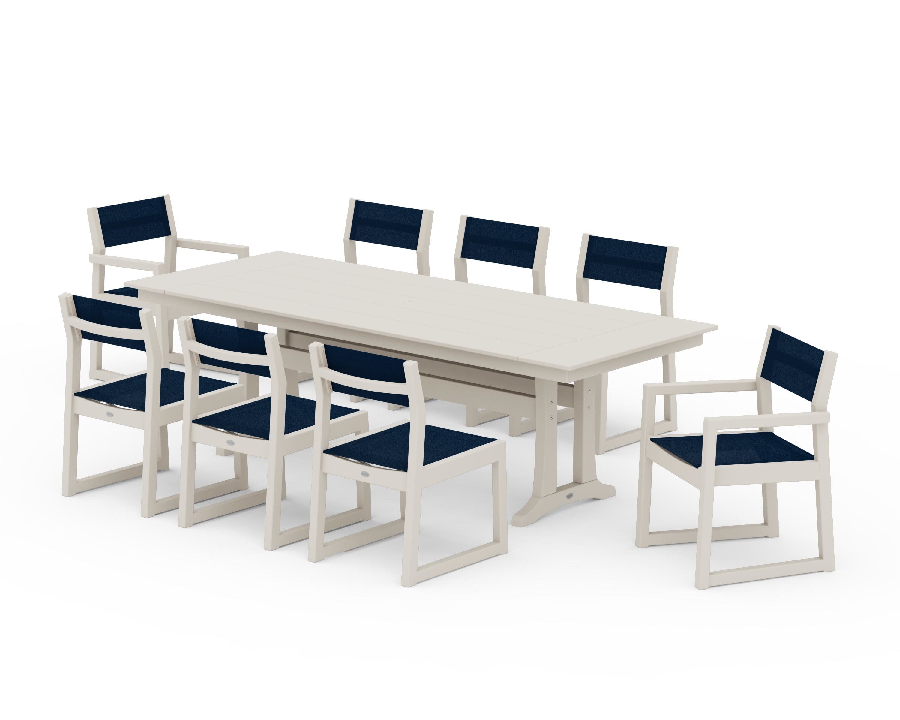EDGE Sling 9-Piece Farmhouse Trestle Dining Set in Sand / Navy Blue Sling