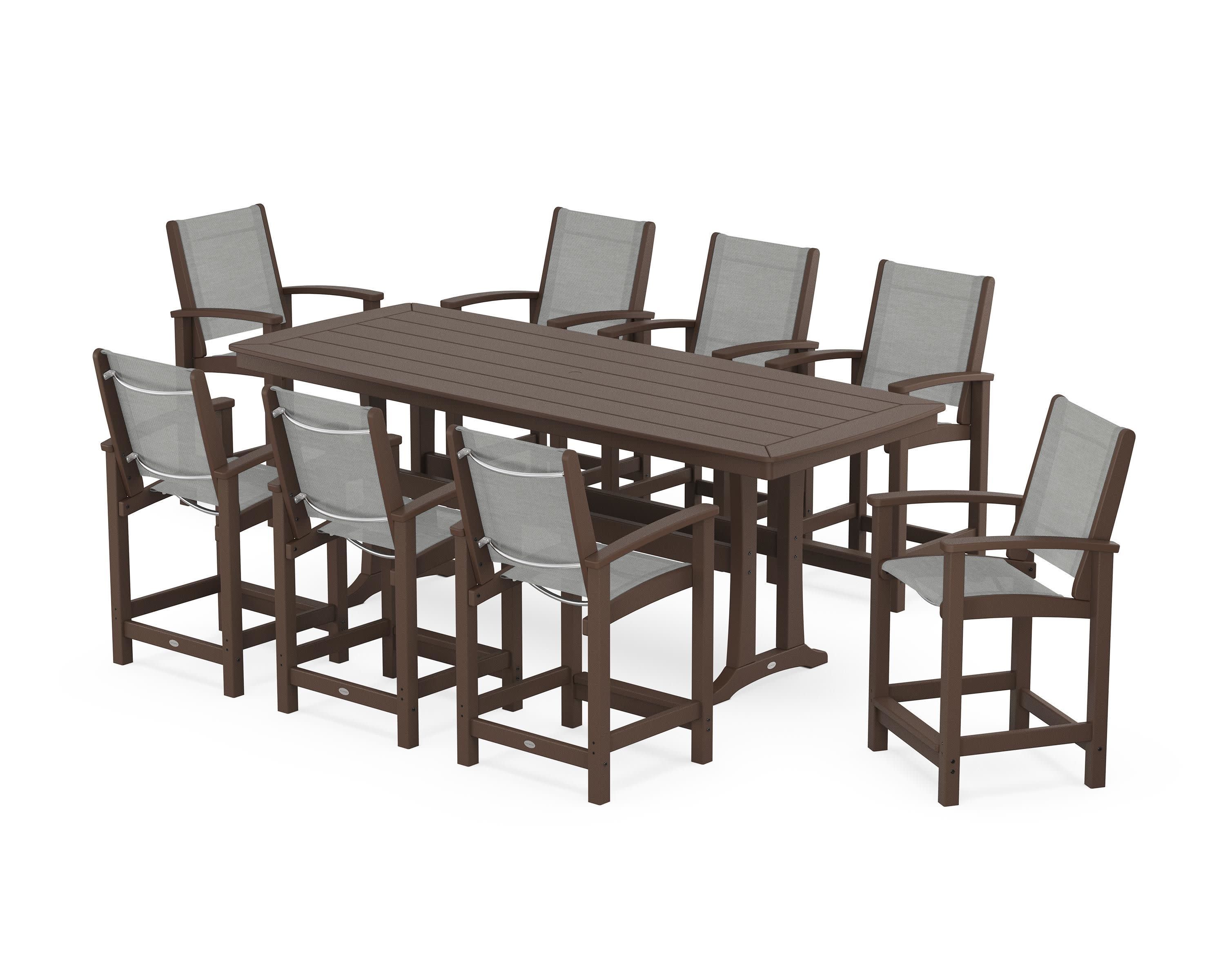 Coastal 9-Piece Counter Set with Trestle Legs in Mahogany / Metallic Sling