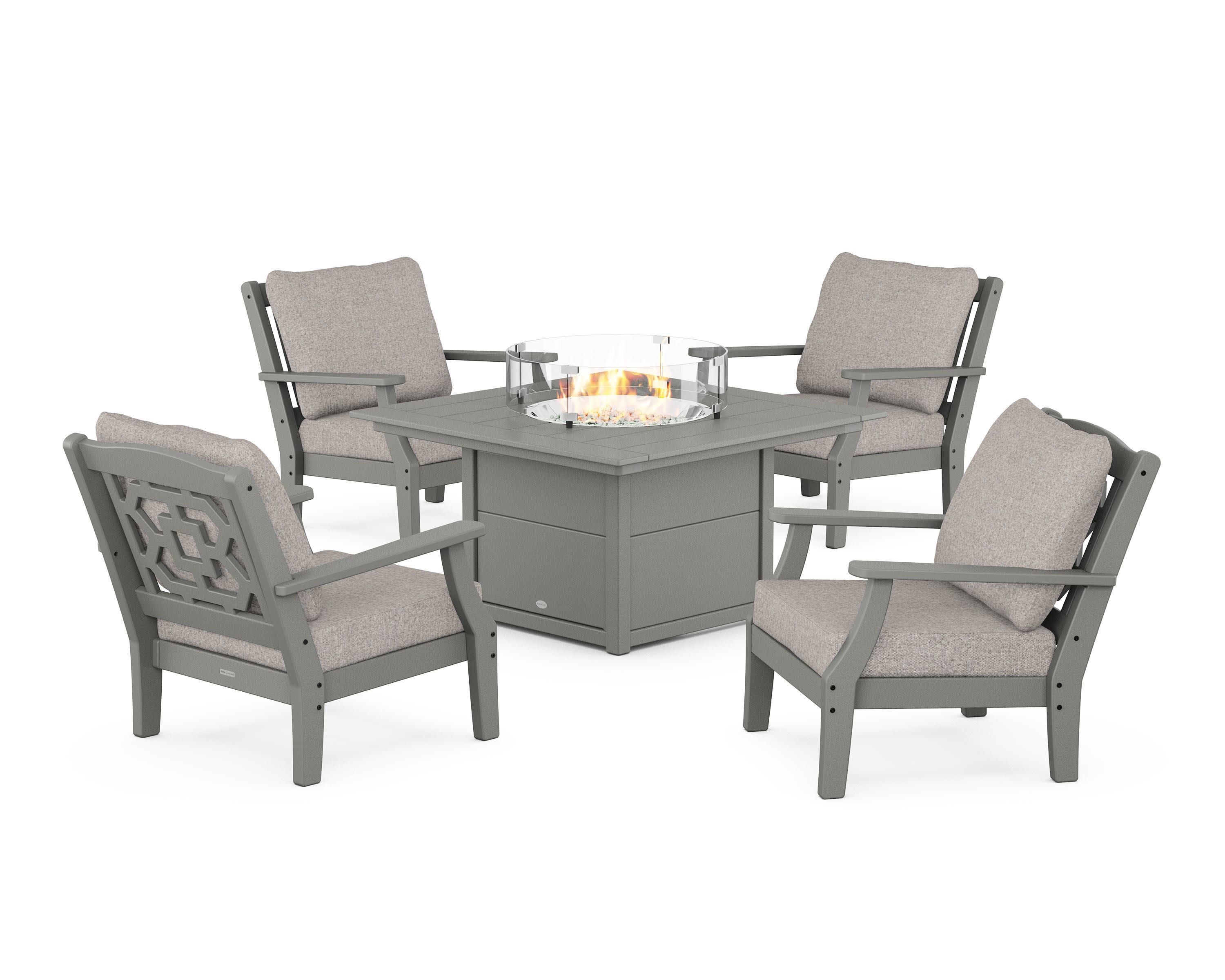 Chinoiserie 5-Piece Deep Seating Set with Fire Pit Table in Slate Grey / Weathered Tweed