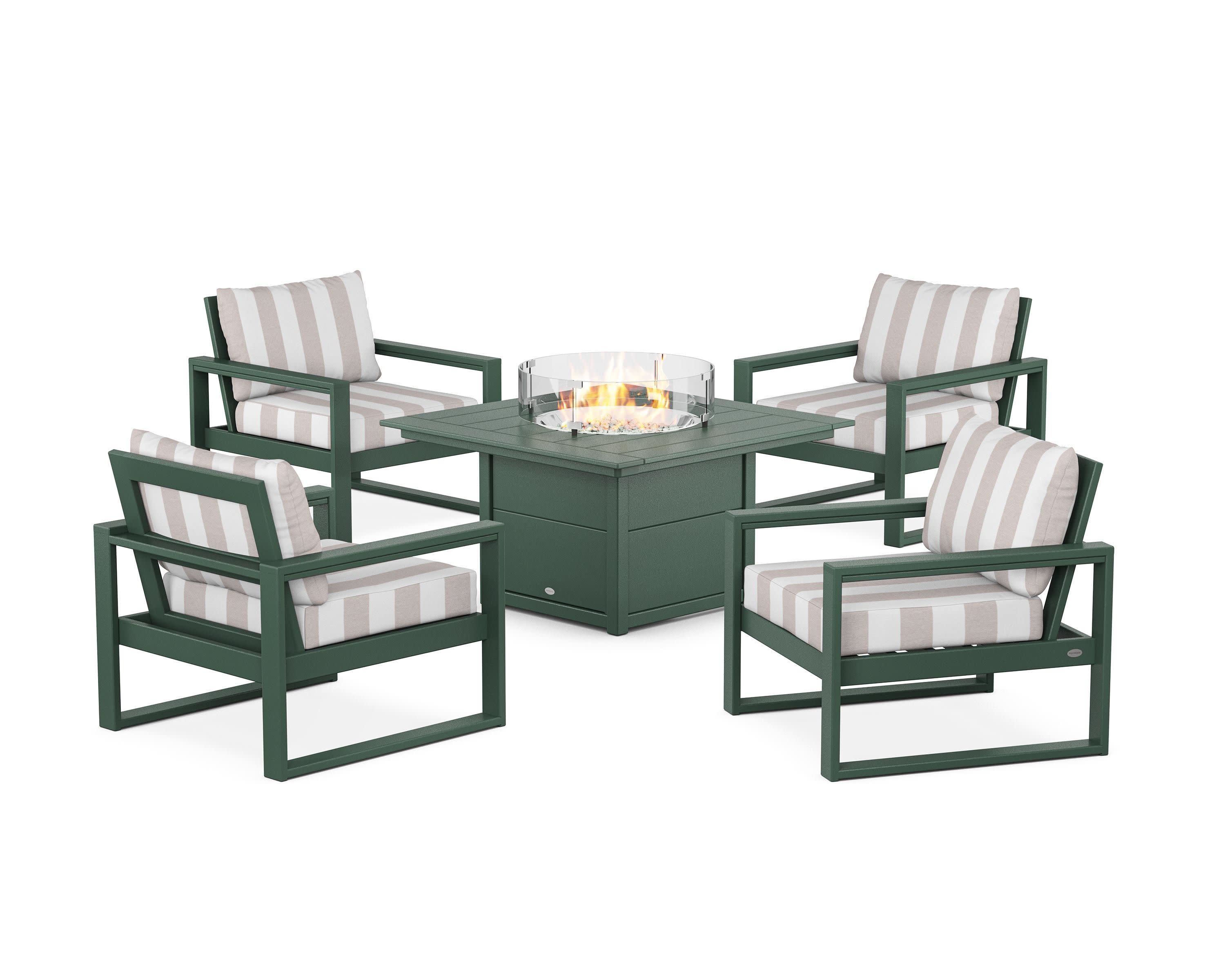 EDGE Sectional 5-Piece Deep Seating Set with Fire Pit Table in Green / Cabana Stripe Dune Burlap