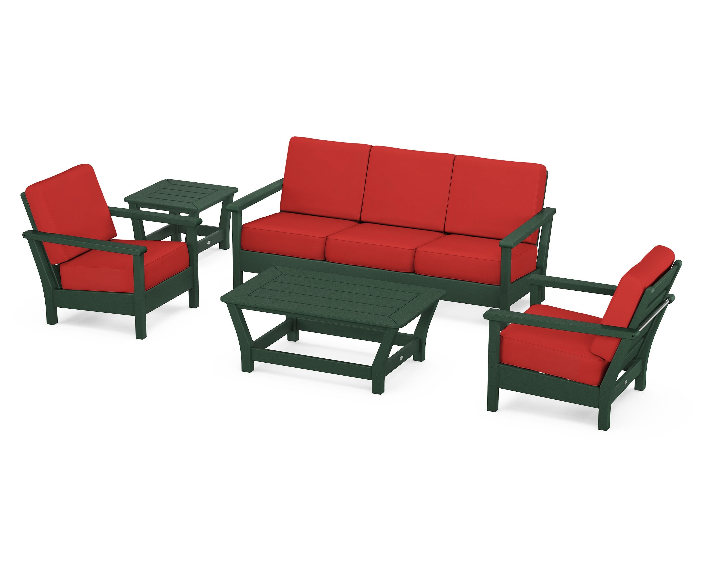 Harbour 5-Piece Deep Seating Set in Green / Crimson Linen