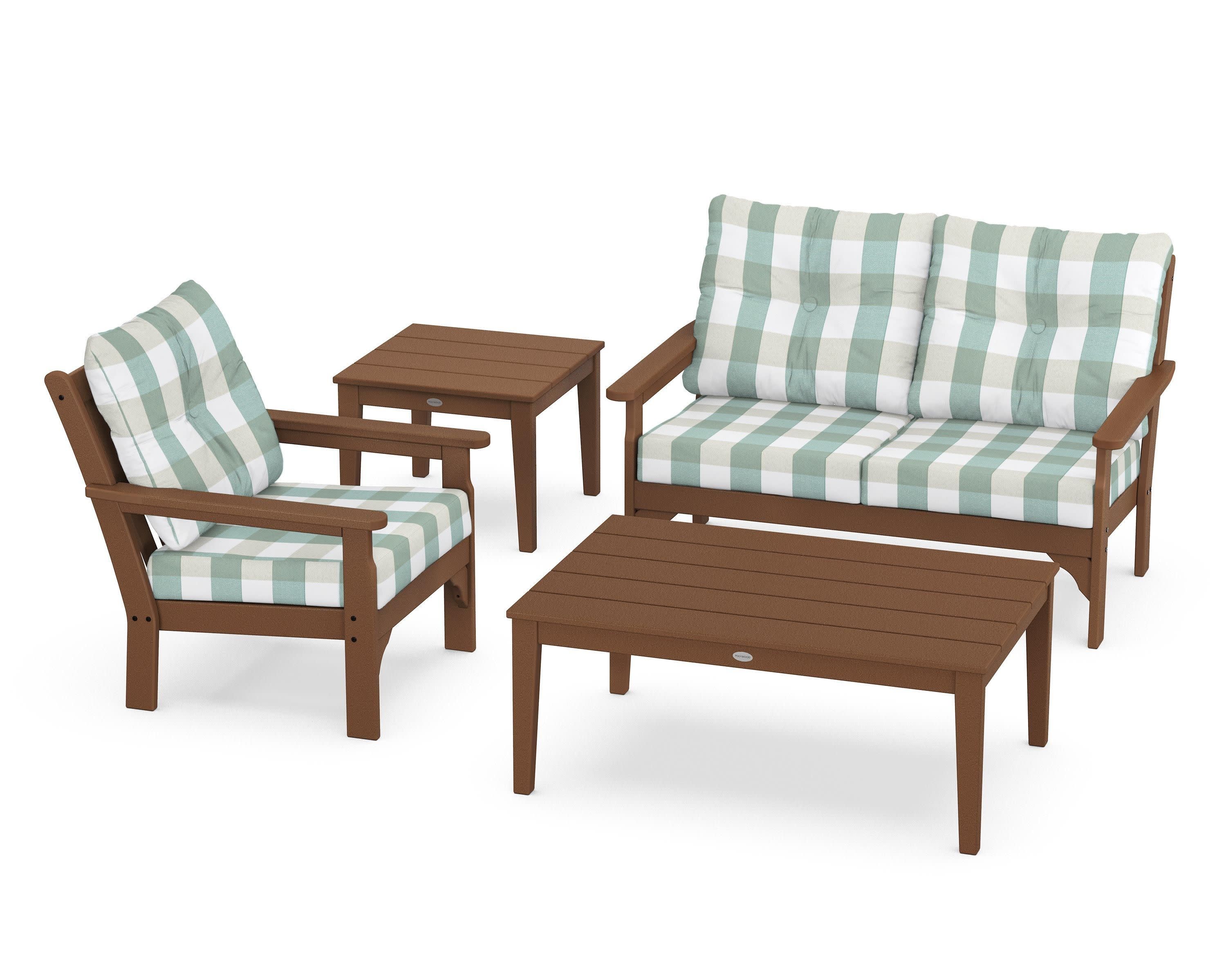 Vineyard 4-Piece Deep Seating Set in Teak / Buffalo Plaid Glacier Spa