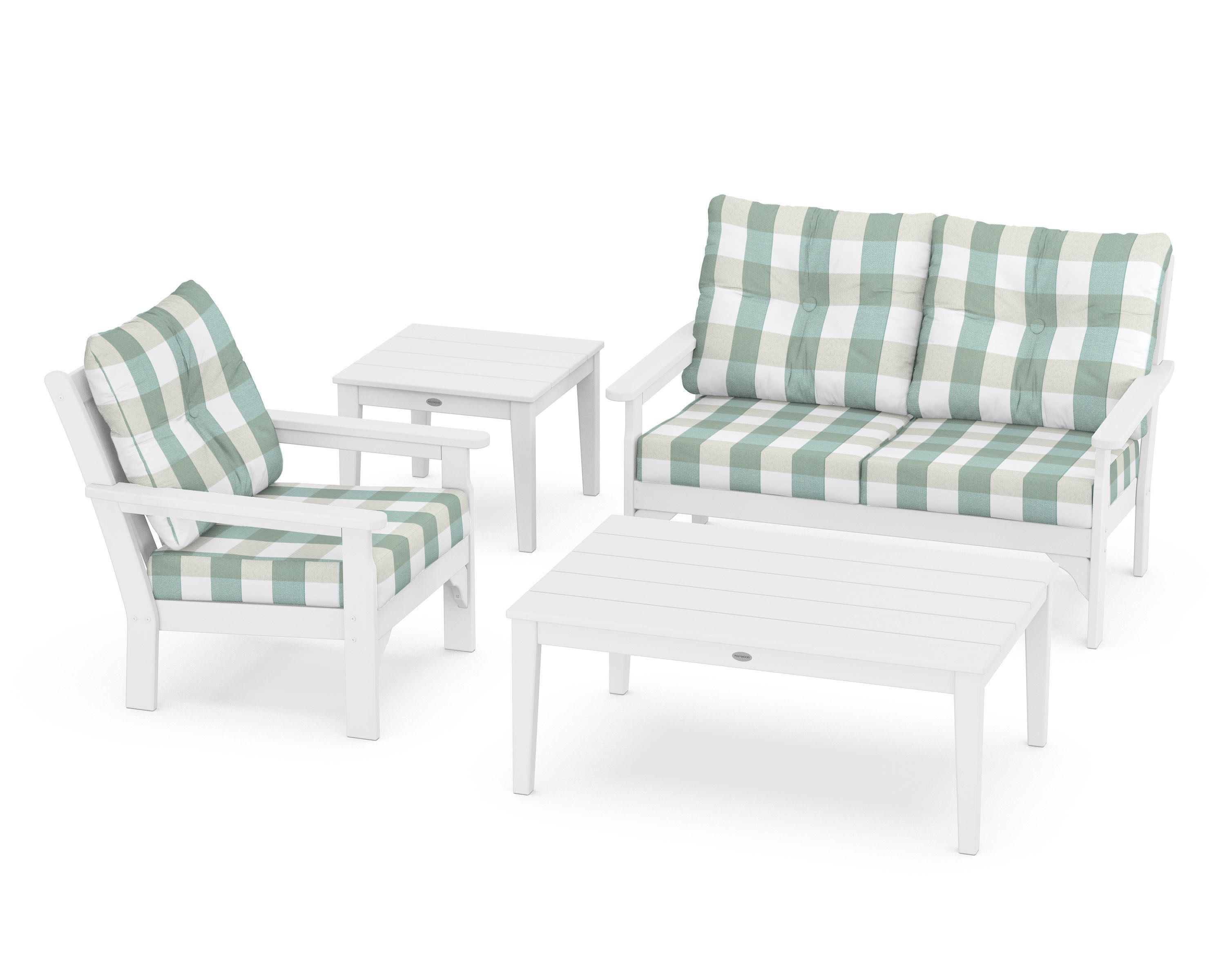 Vineyard 4-Piece Deep Seating Set in White / Buffalo Plaid Glacier Spa