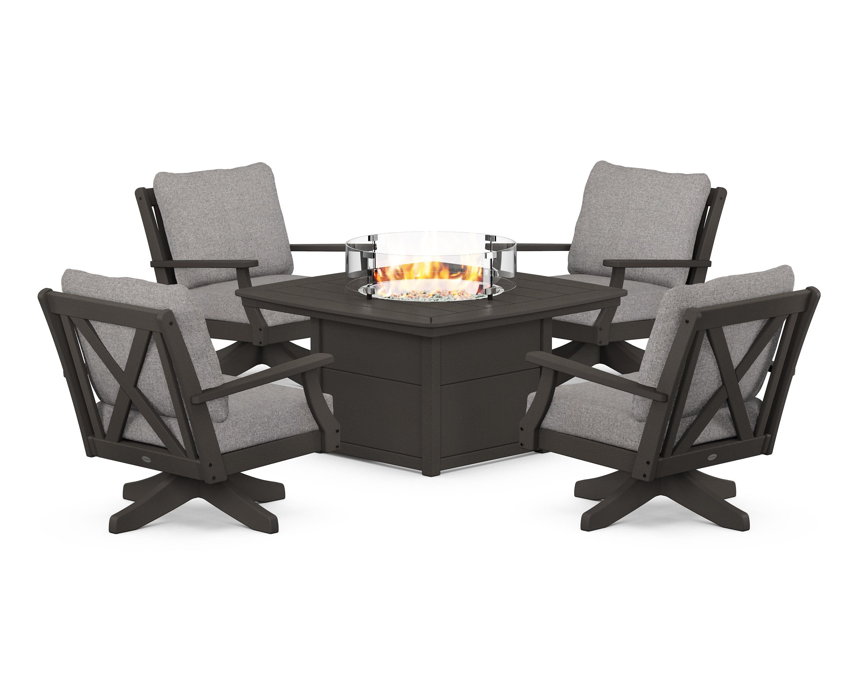 Braxton 5-Piece Deep Seating Swivel Conversation Set with Fire Pit Table in Vintage Coffee / Grey Mist