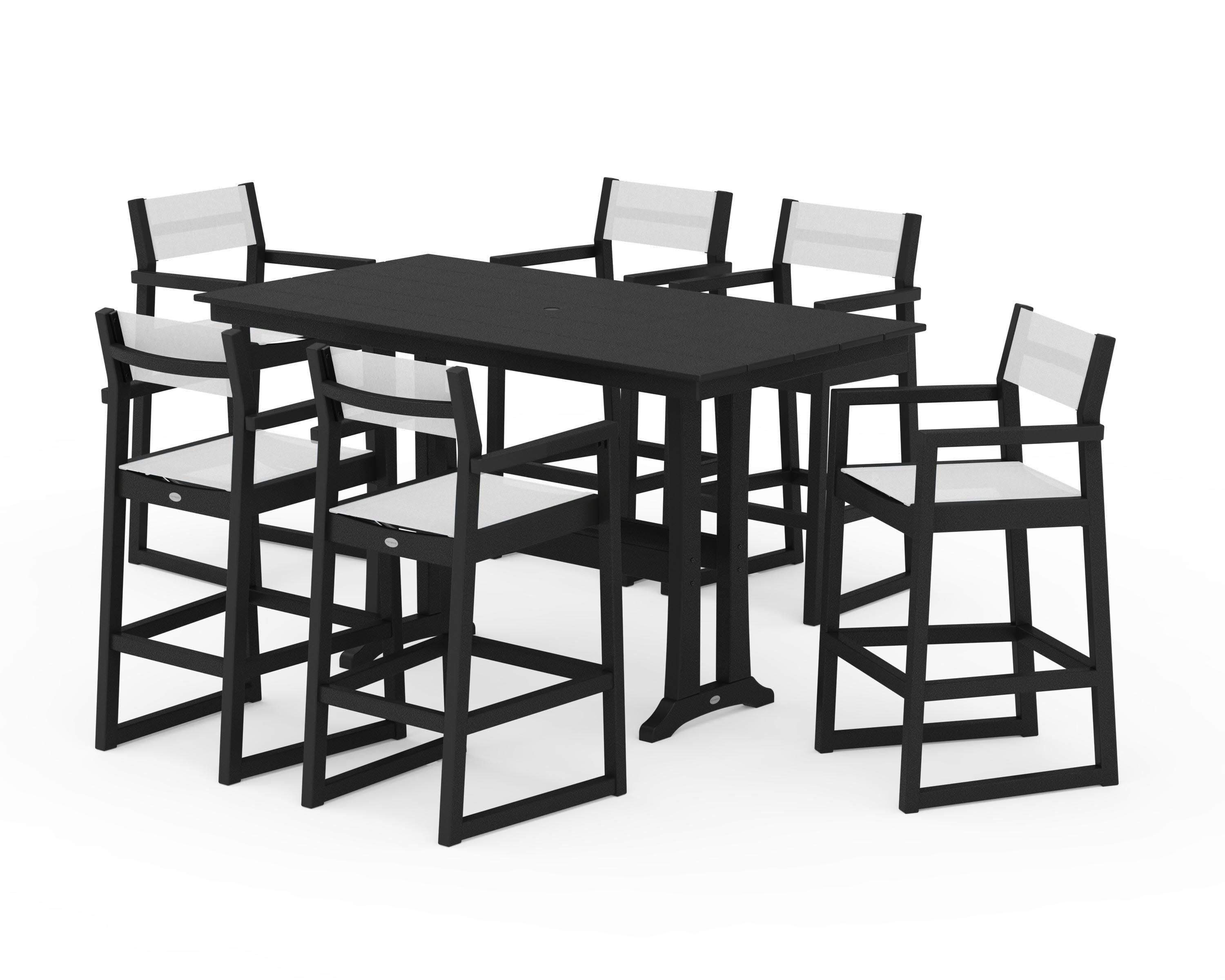EDGE Sling Arm Chair 7-Piece Farmhouse Bar Set with Trestle Legs in Black / White Sling