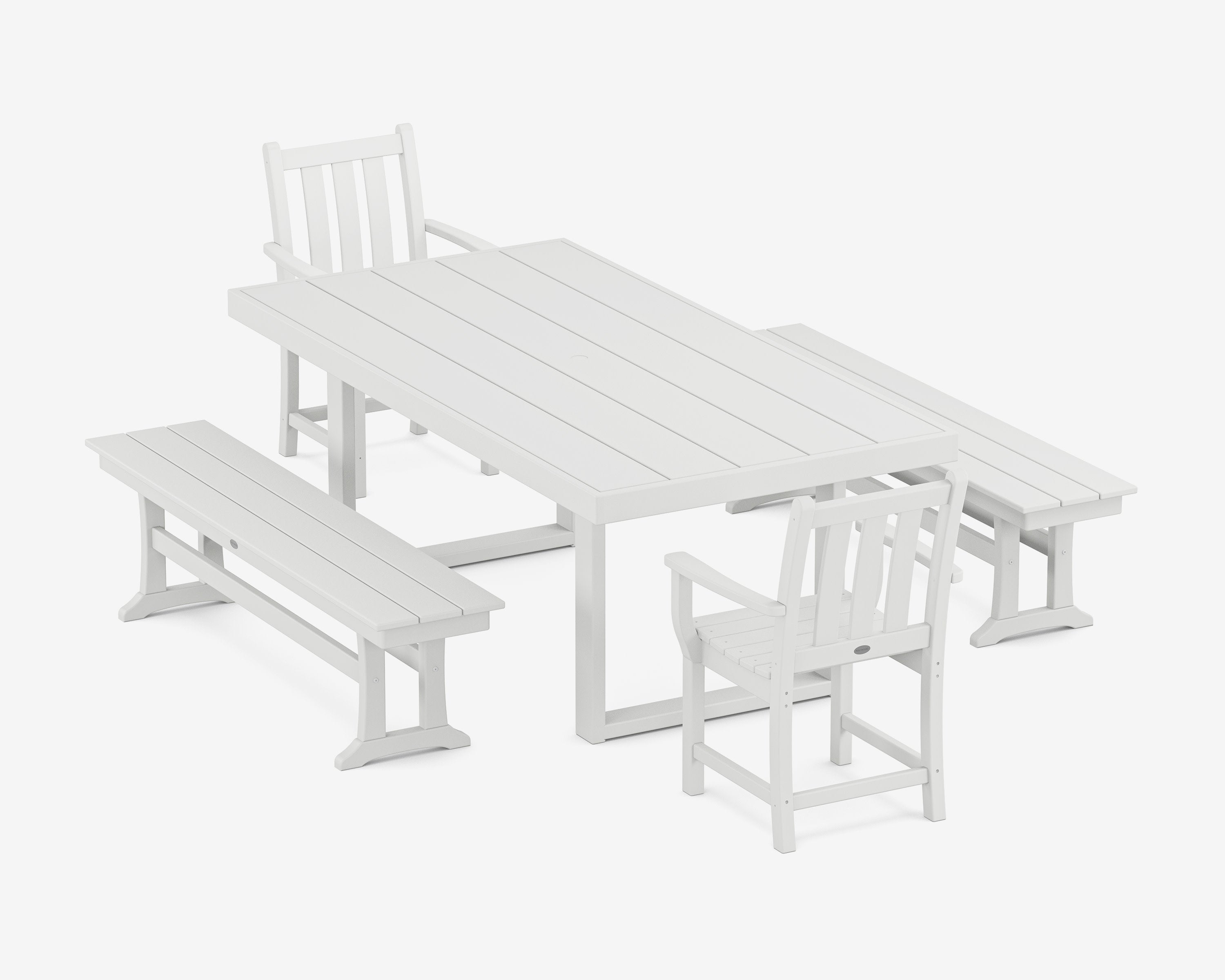 Traditional Garden 5-Piece Dining Set with Benches in White