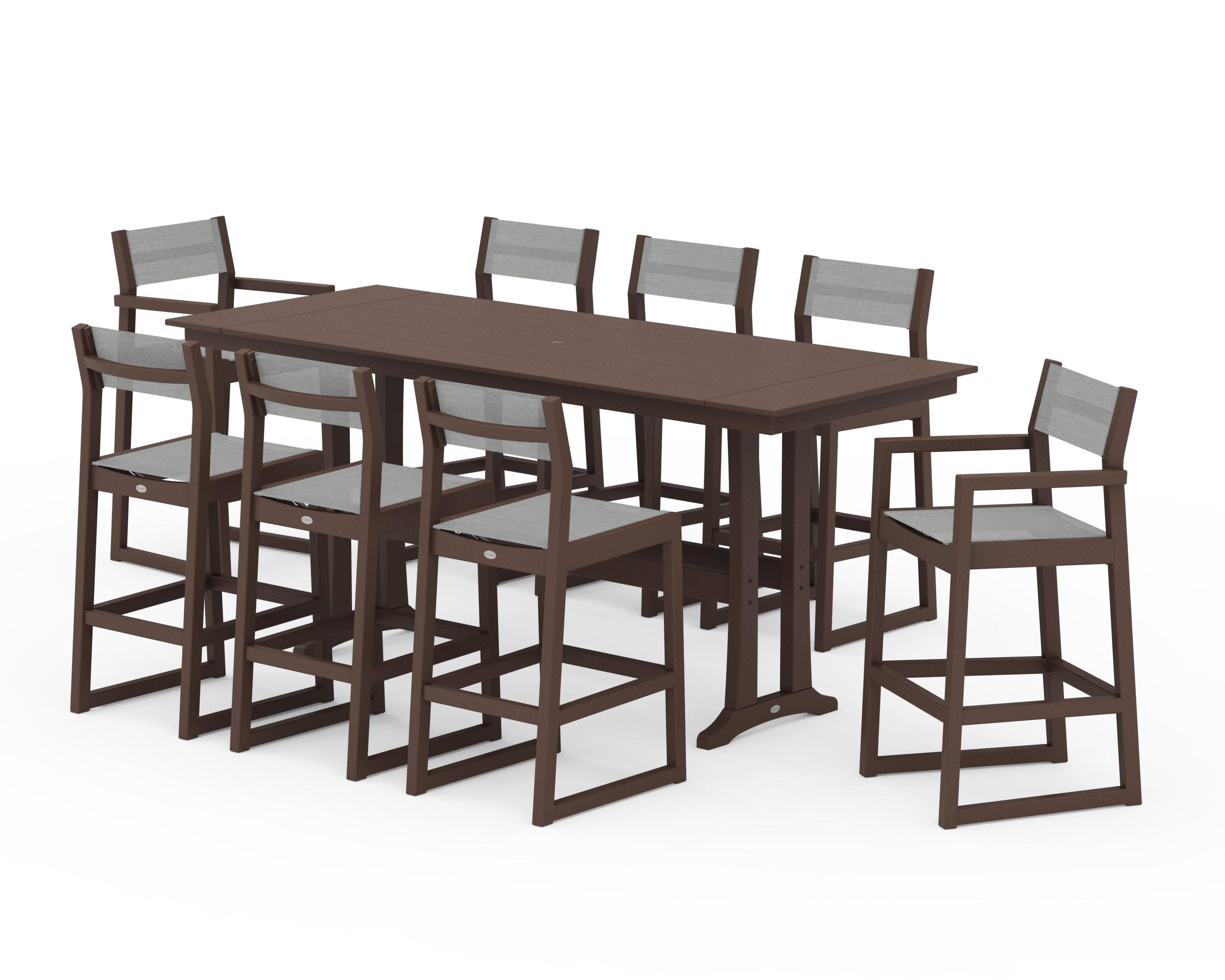 EDGE Sling 9-Piece Farmhouse Bar Set with Trestle Legs in Mahogany / Metallic Sling