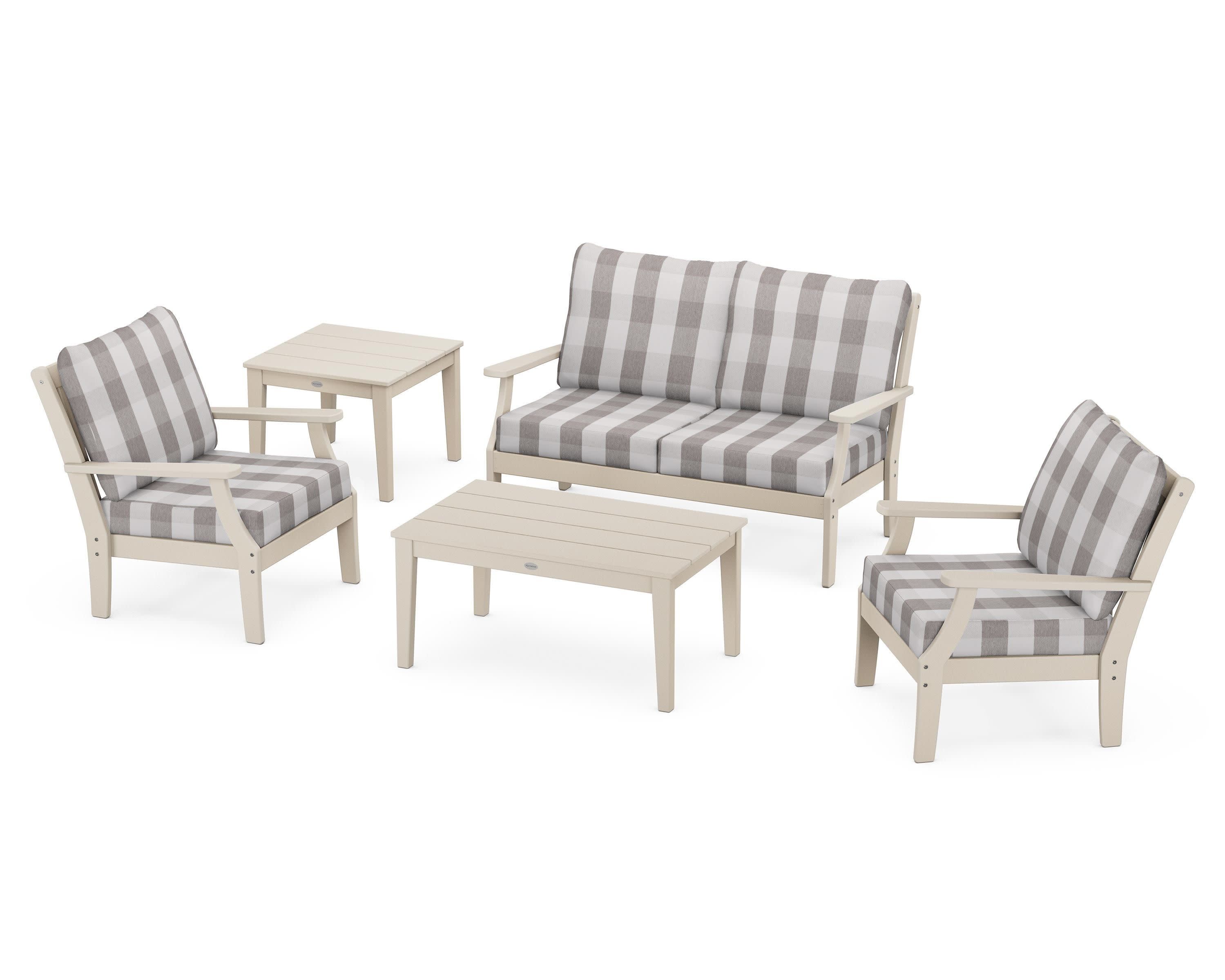 Braxton 5-Piece Deep Seating Set in Sand / Buffalo Plaid Grey Mist