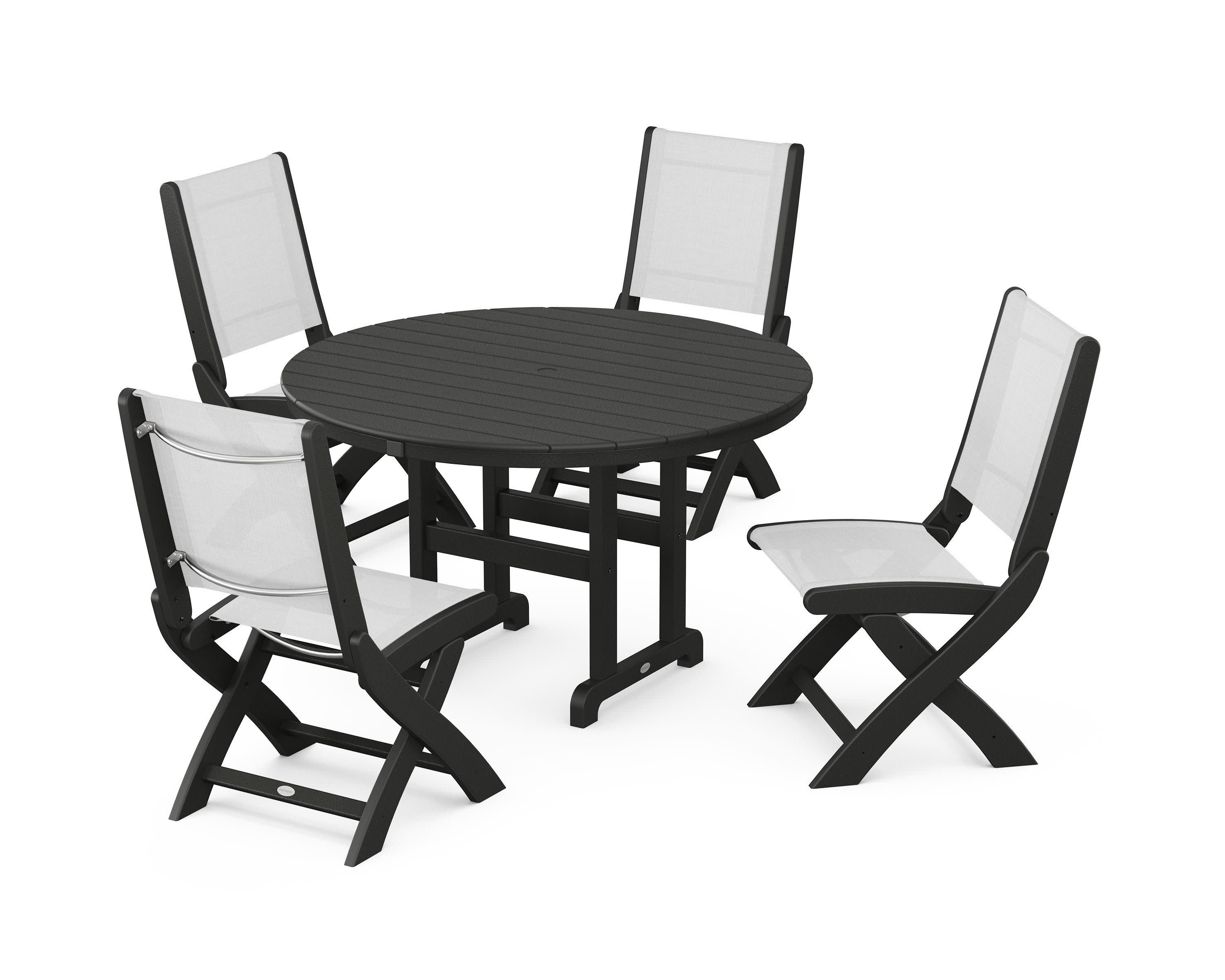 Coastal Folding Side Chair 5-Piece Round Dining Set in Black / White Sling