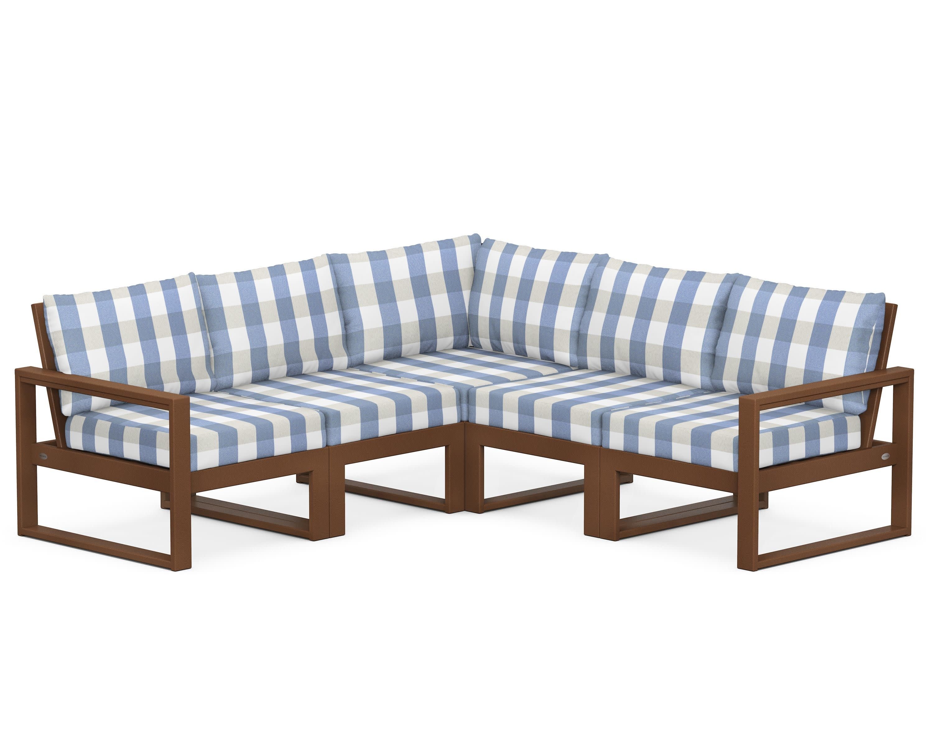 EDGE 5-Piece Modular Deep Seating Set in Teak / Buffalo Plaid Sky Blue
