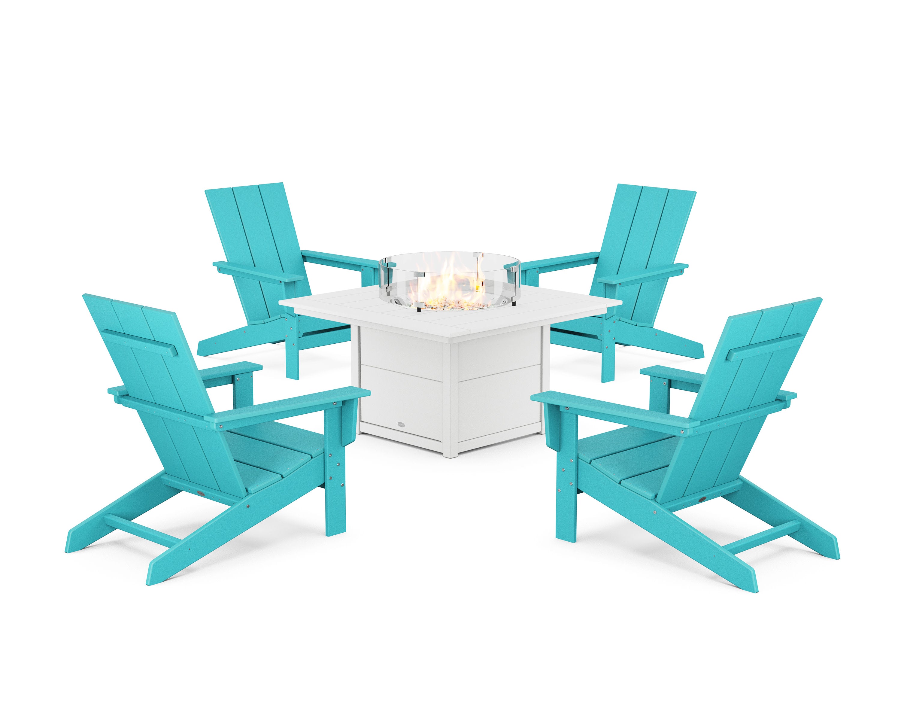 5-Piece Modern Studio Adirondack Conversation Set with Fire Pit Table in Aruba / White