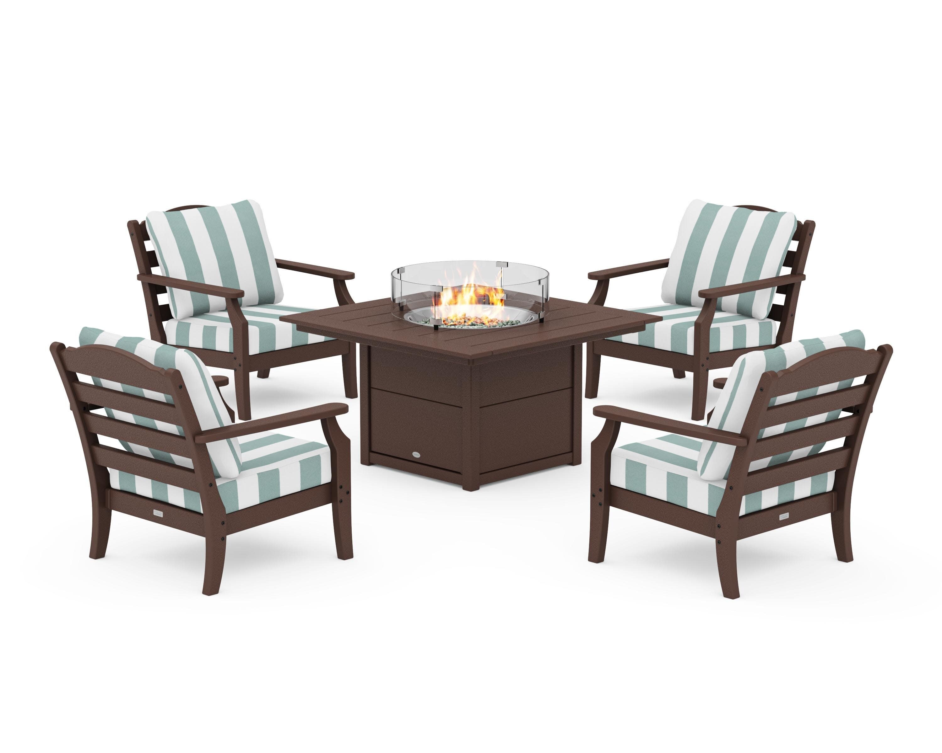 Savannah 5-Piece Deep Seating Set with Fire Pit Table in Mahogany / Cabana Stripe Glacier Spa