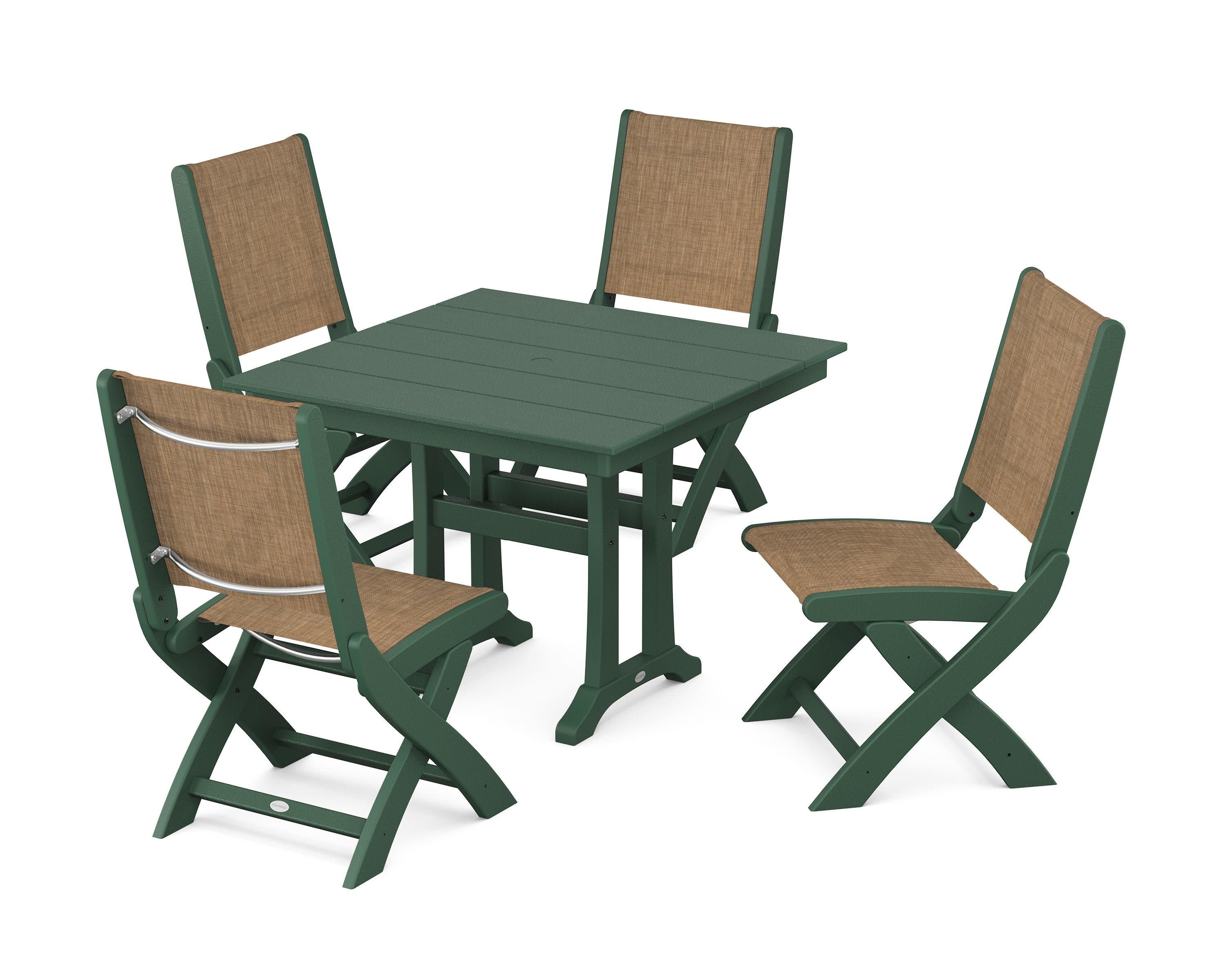 Coastal Folding Side Chair 5-Piece Farmhouse Dining Set With Trestle Legs in Green / Burlap Sling