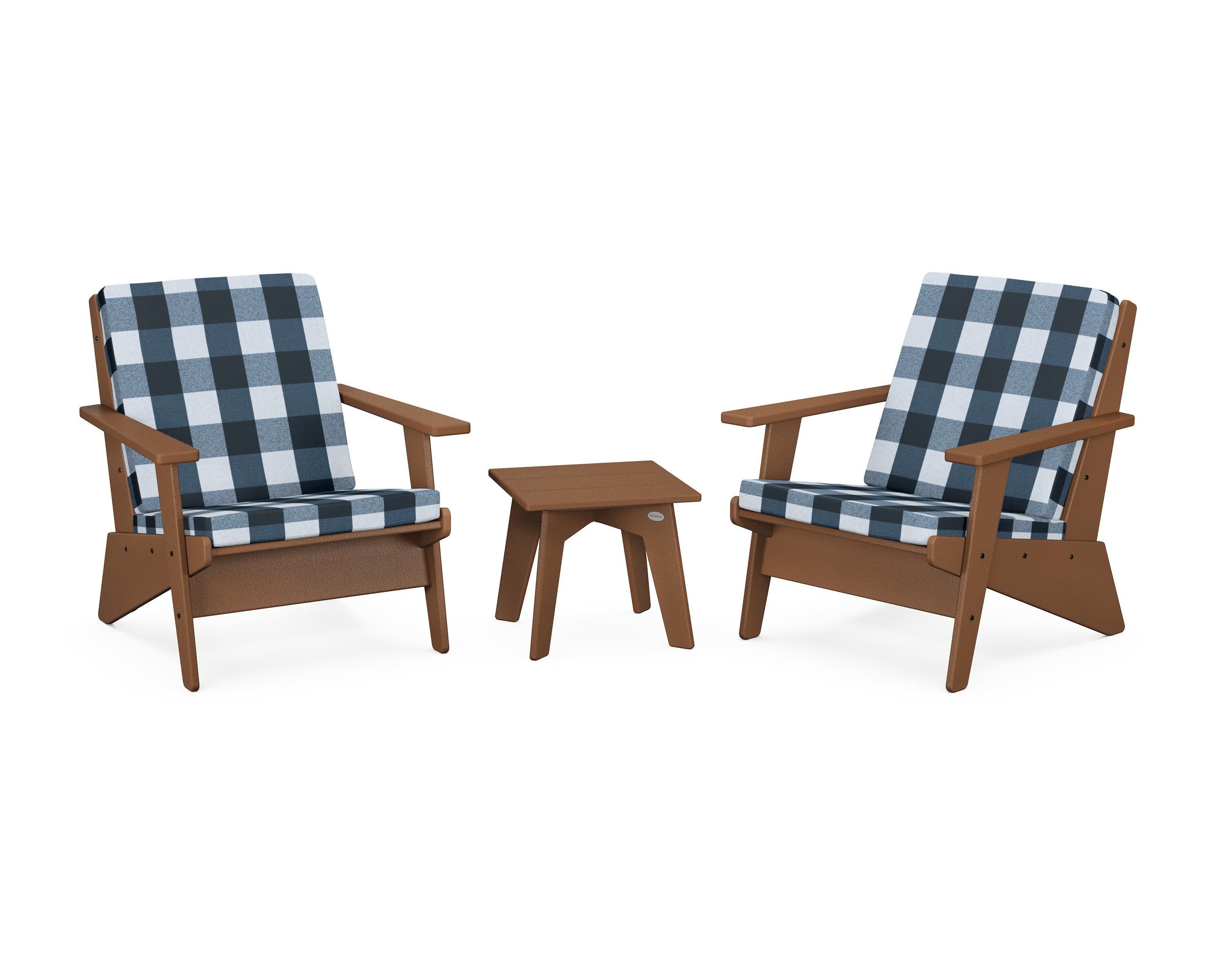 Riviera Modern Lounge 3-Piece Set in Teak / Buffalo Plaid Marine Indigo
