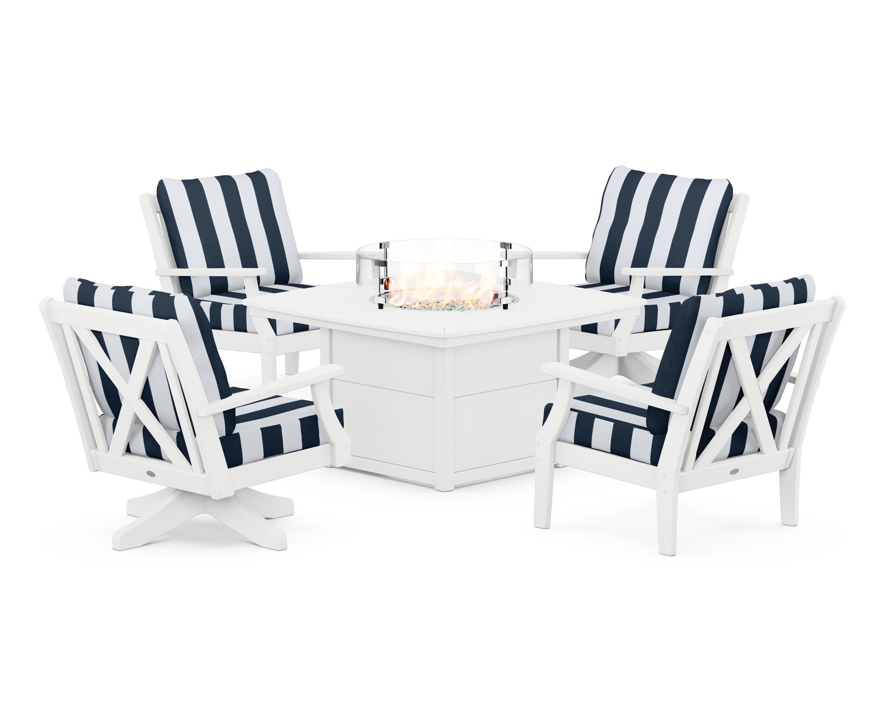 Braxton 5-Piece Deep Seating Set with Fire Table in White / Cabana Stripe Marine Indigo