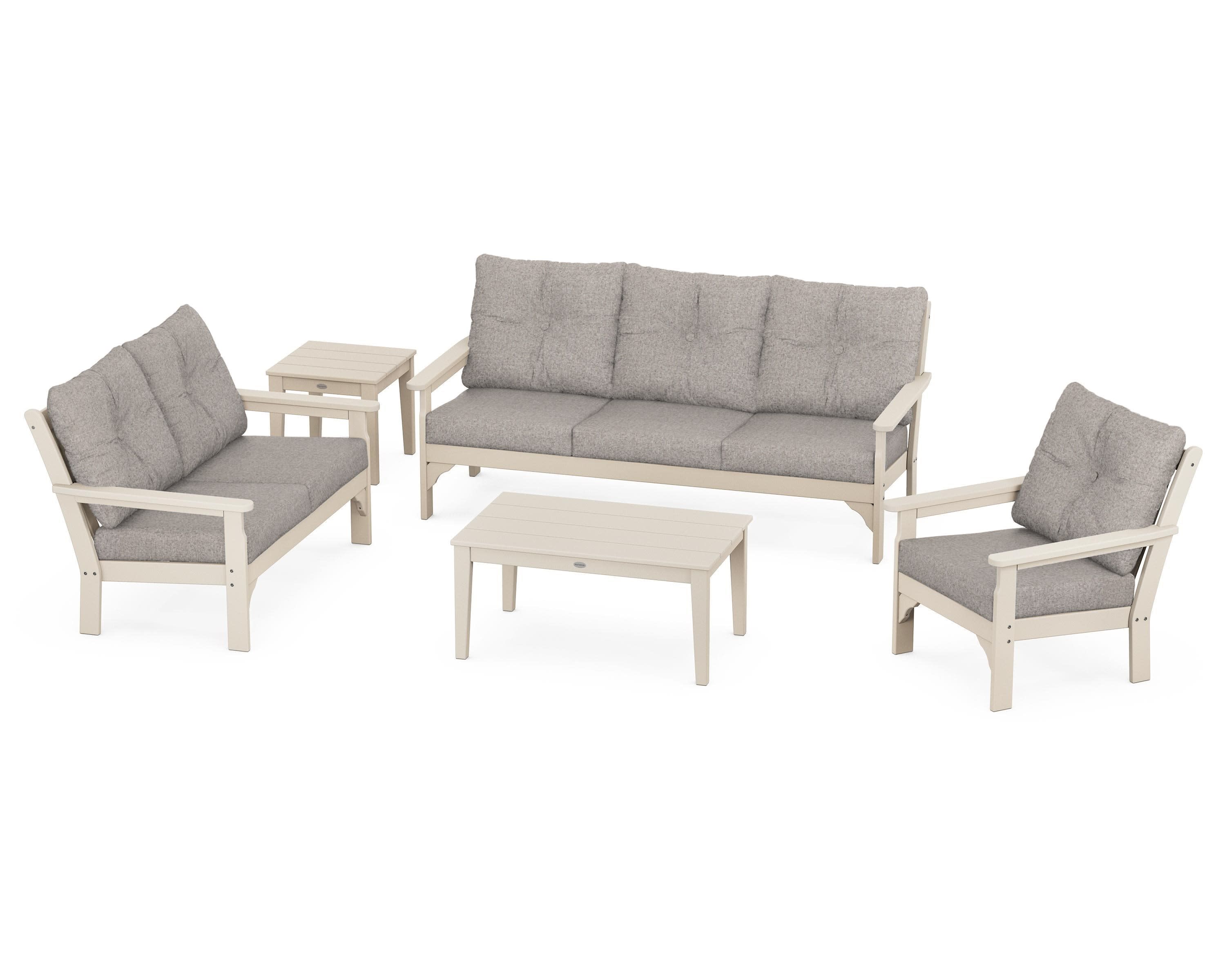 Vineyard 5 Piece Deep Seating Set in Sand / Weathered Tweed