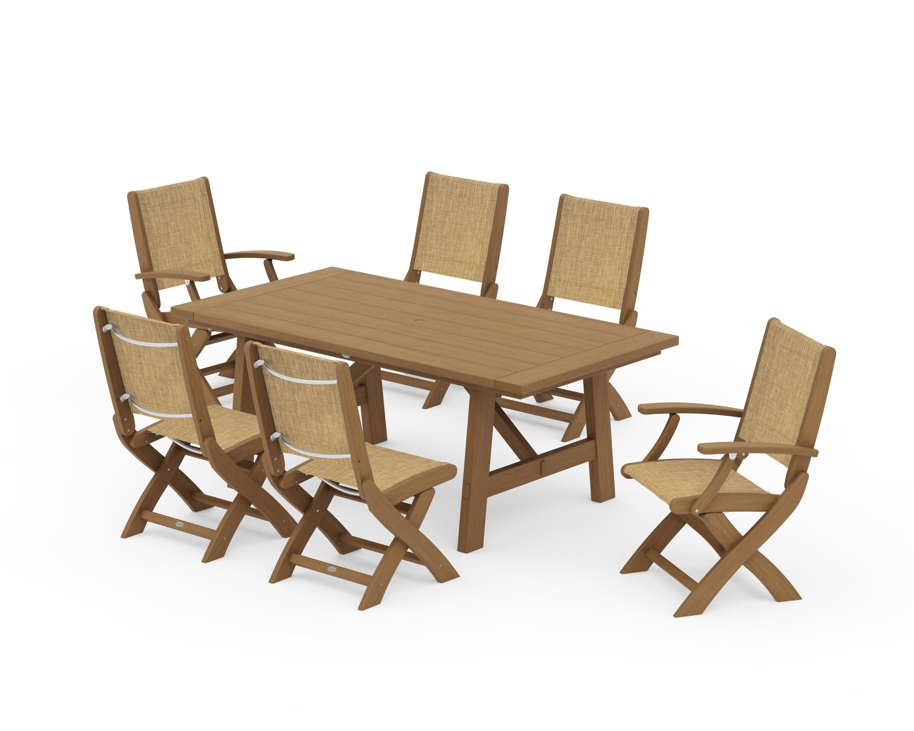 Coastal Folding Chair 7-Piece Rustic Farmhouse Dining Set in Natural / Burlap Sling