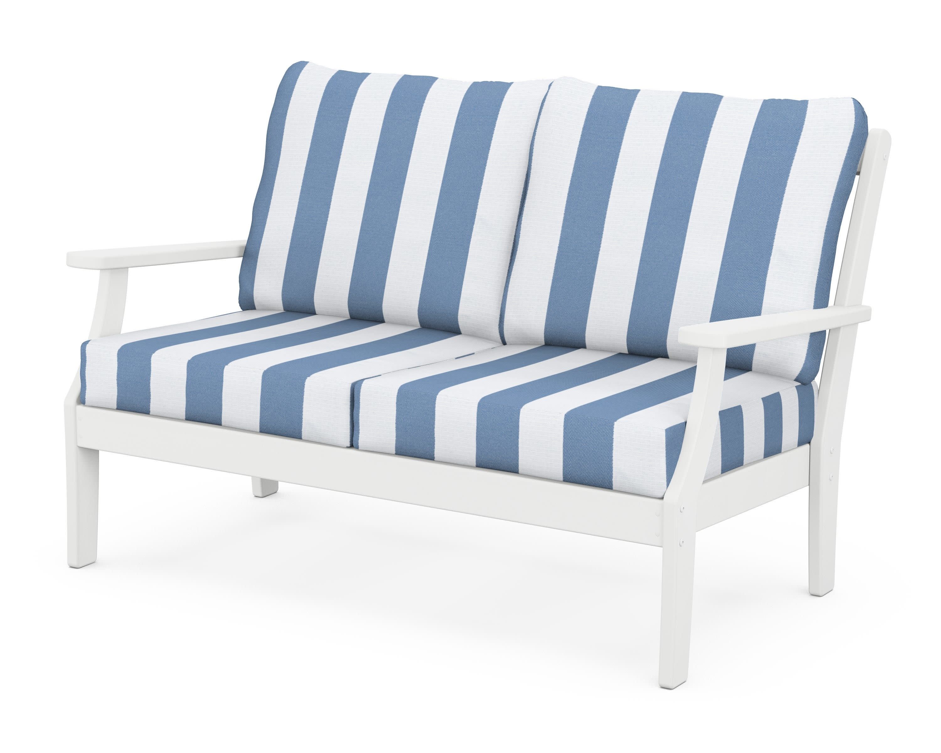 Braxton Deep Seating Loveseat in White / Cabana Stripe Sky Blue