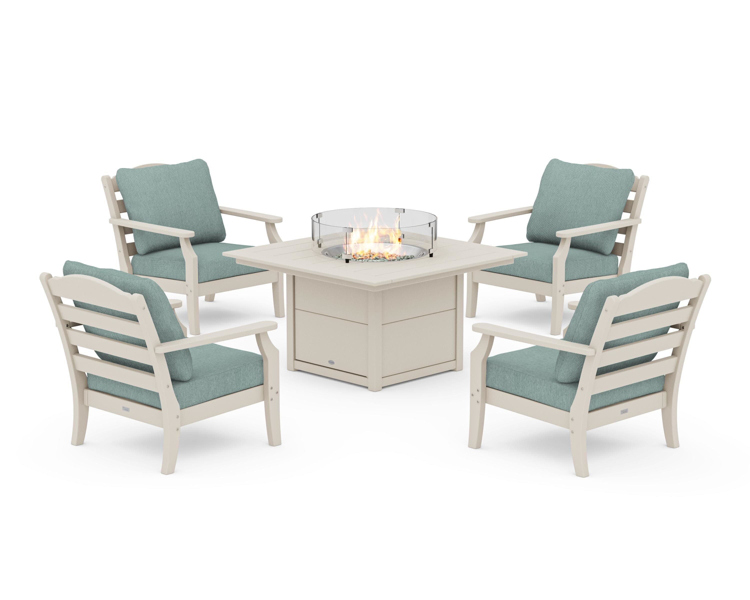 Savannah 5-Piece Deep Seating Set with Fire Pit Table in Sand / Glacier Spa