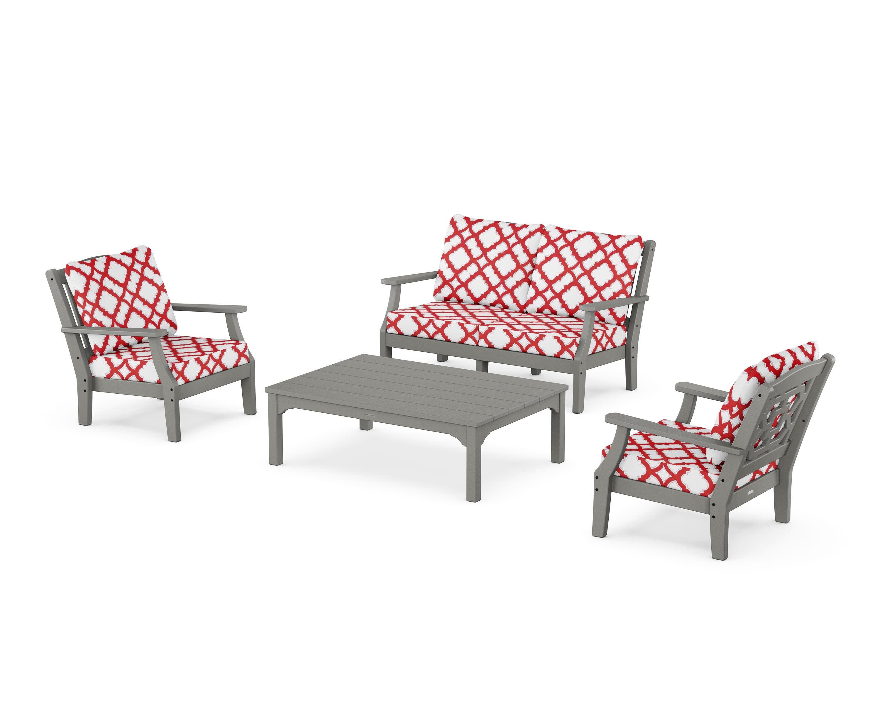 Chinoiserie 4-Piece Deep Seating Set with Loveseat in Slate Grey / Trellis Crimson