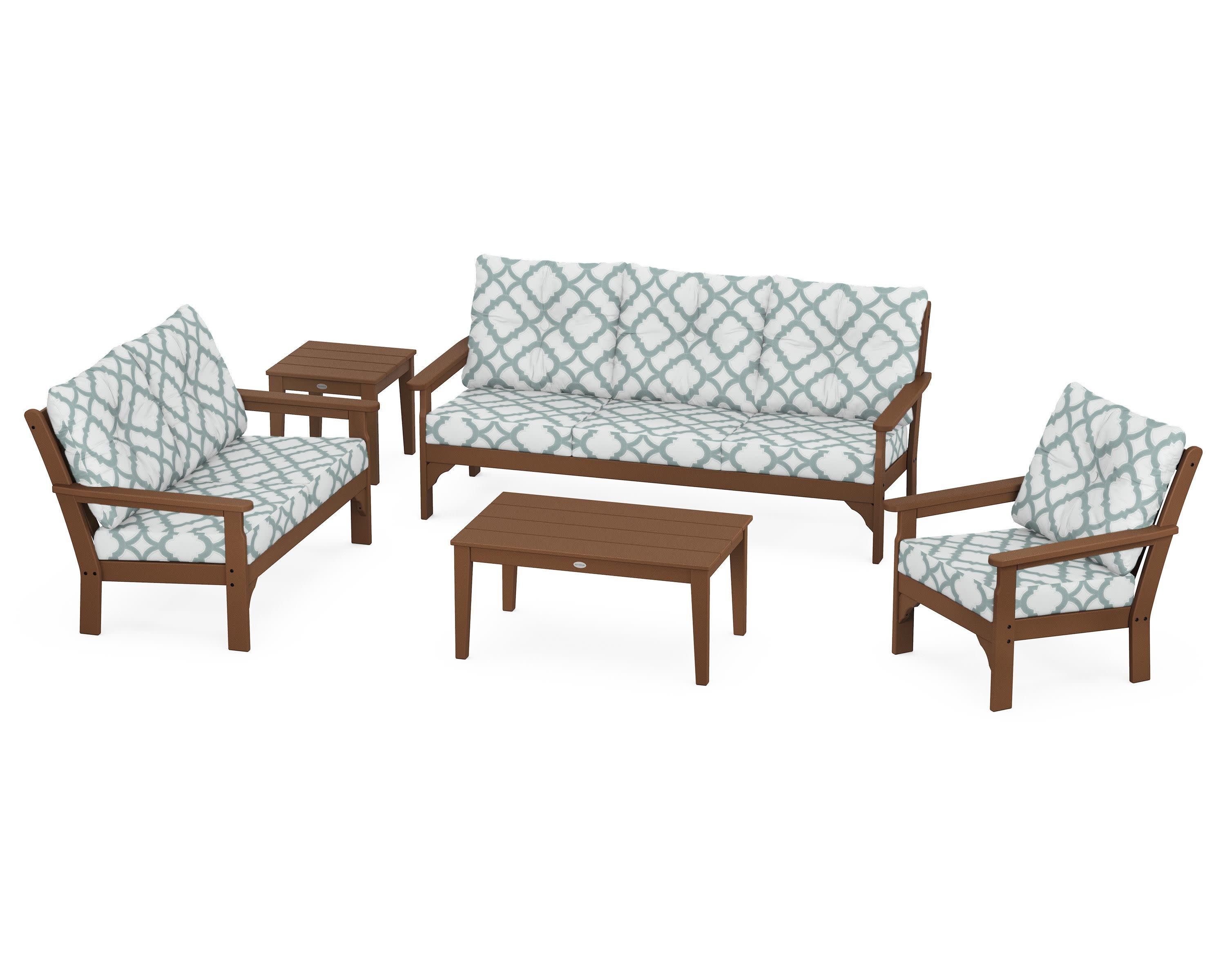 Vineyard 5 Piece Deep Seating Set in Teak / Trellis Glacier Spa