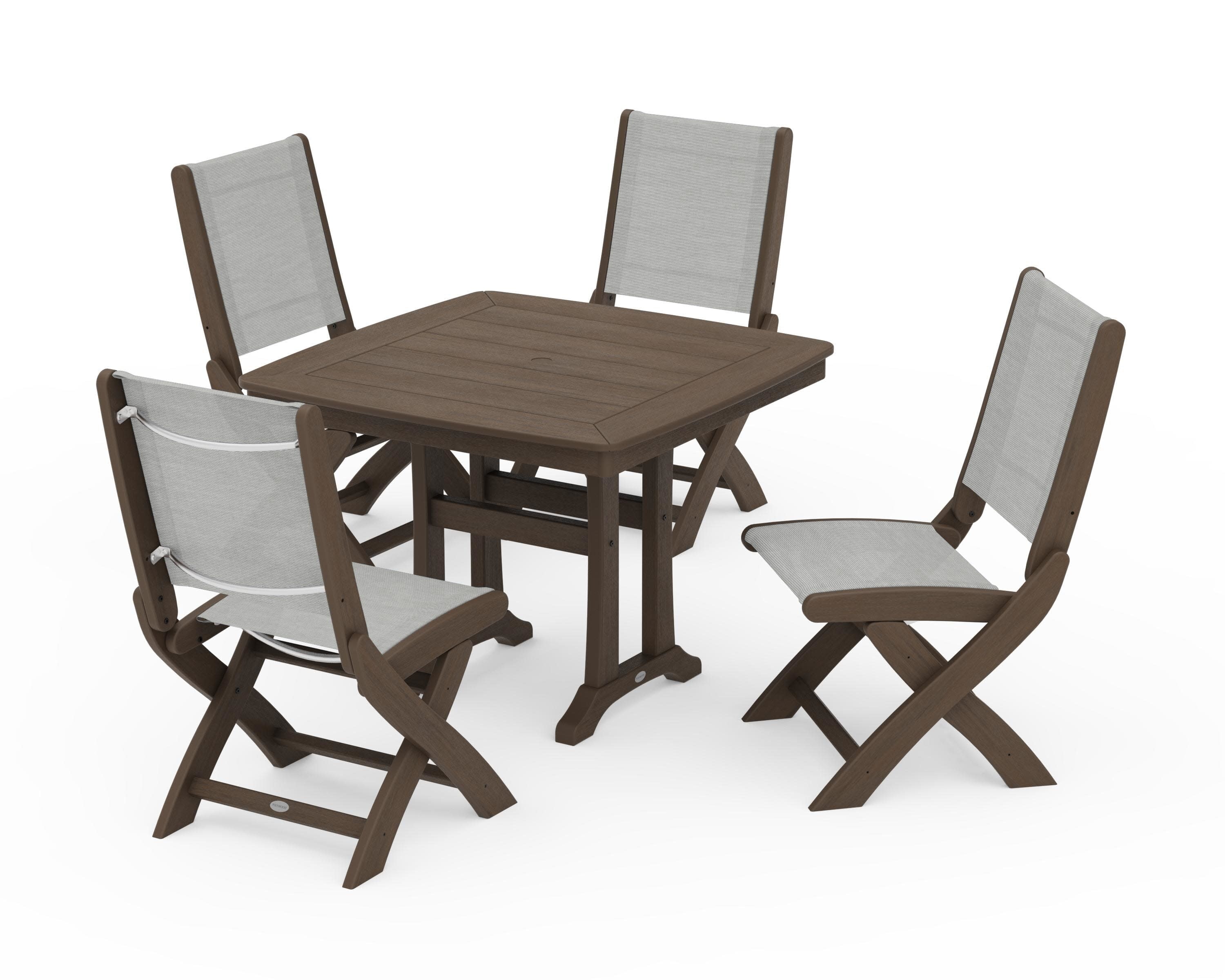 Coastal Folding Side Chair 5-Piece Dining Set with Trestle Legs in Kona / Metallic Sling